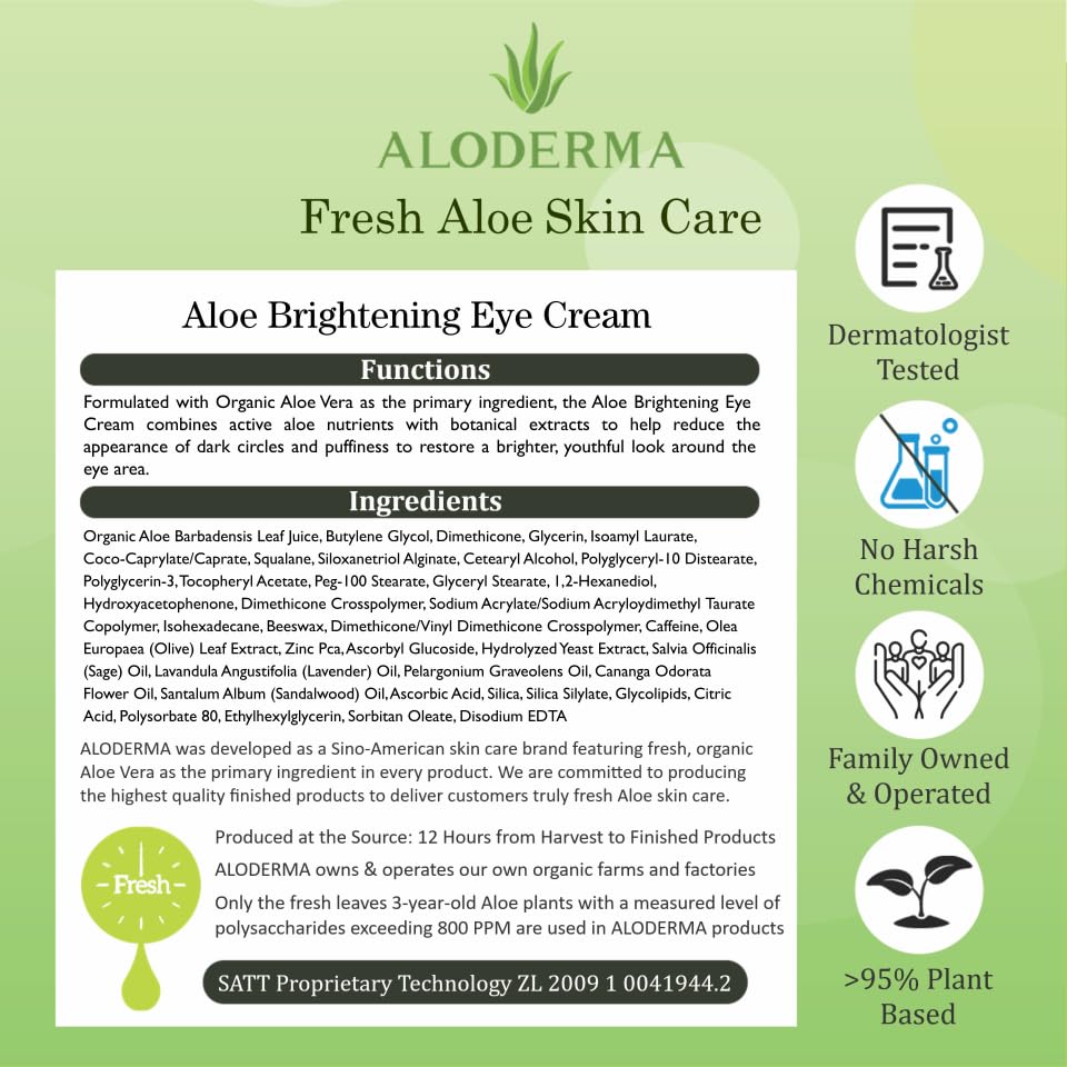 Aloderma Brightening Eye Cream with Organic Aloe Vera – Hydrating Eye Care for Dark Circles & Puffiness