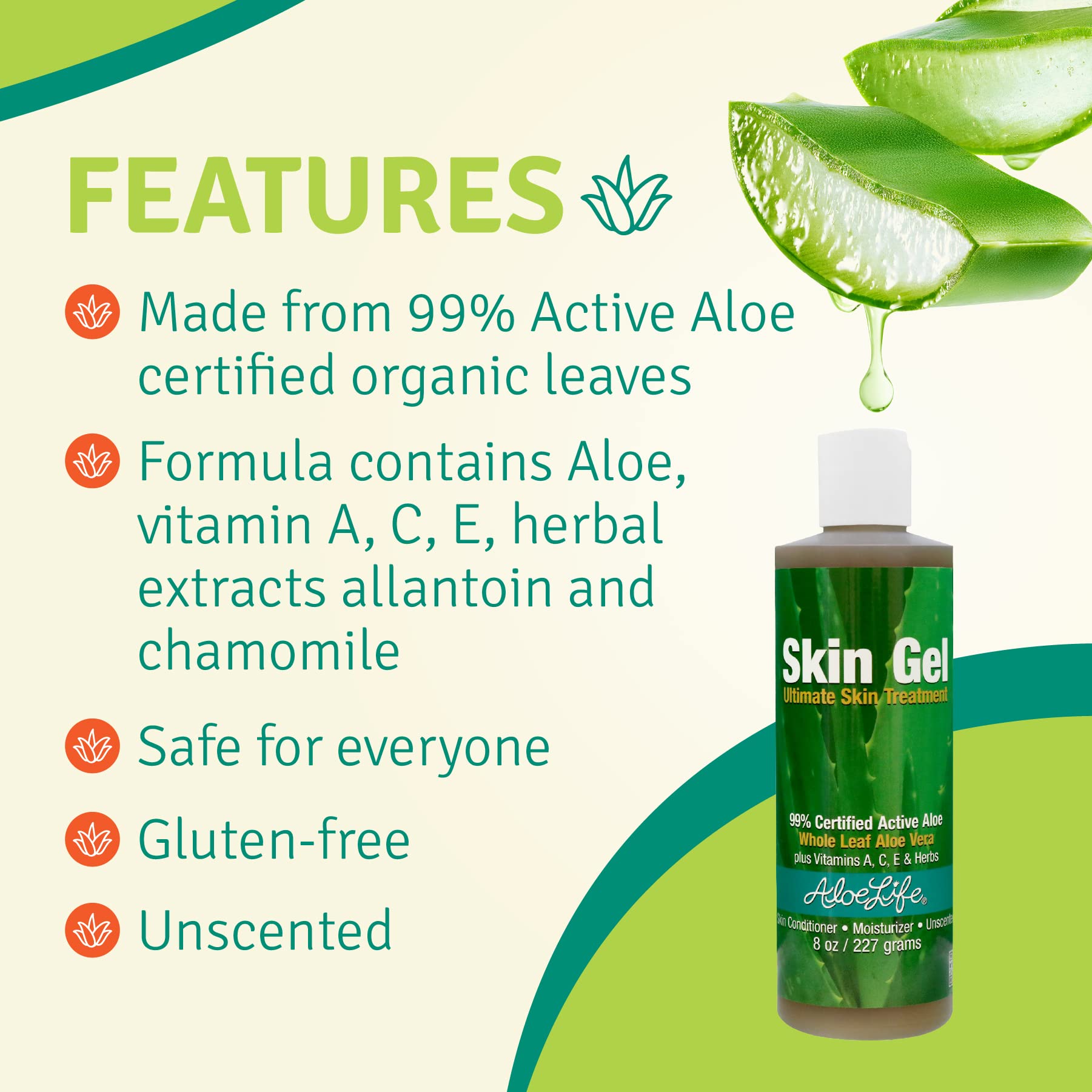 Aloe Life Skin Gel & Herbs – 99% Organic Whole Leaf Aloe Vera, Fragrance-Free 8 oz