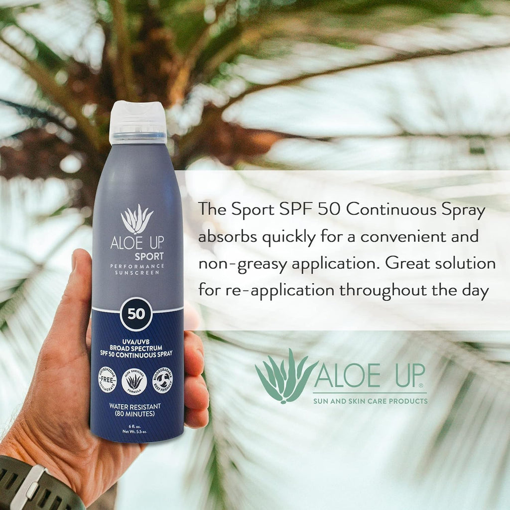 Aloe Up Sport SPF 50 Continuous Spray Sunscreen – Reef Safe, Fragrance-Free (2-Pack, 6 oz)