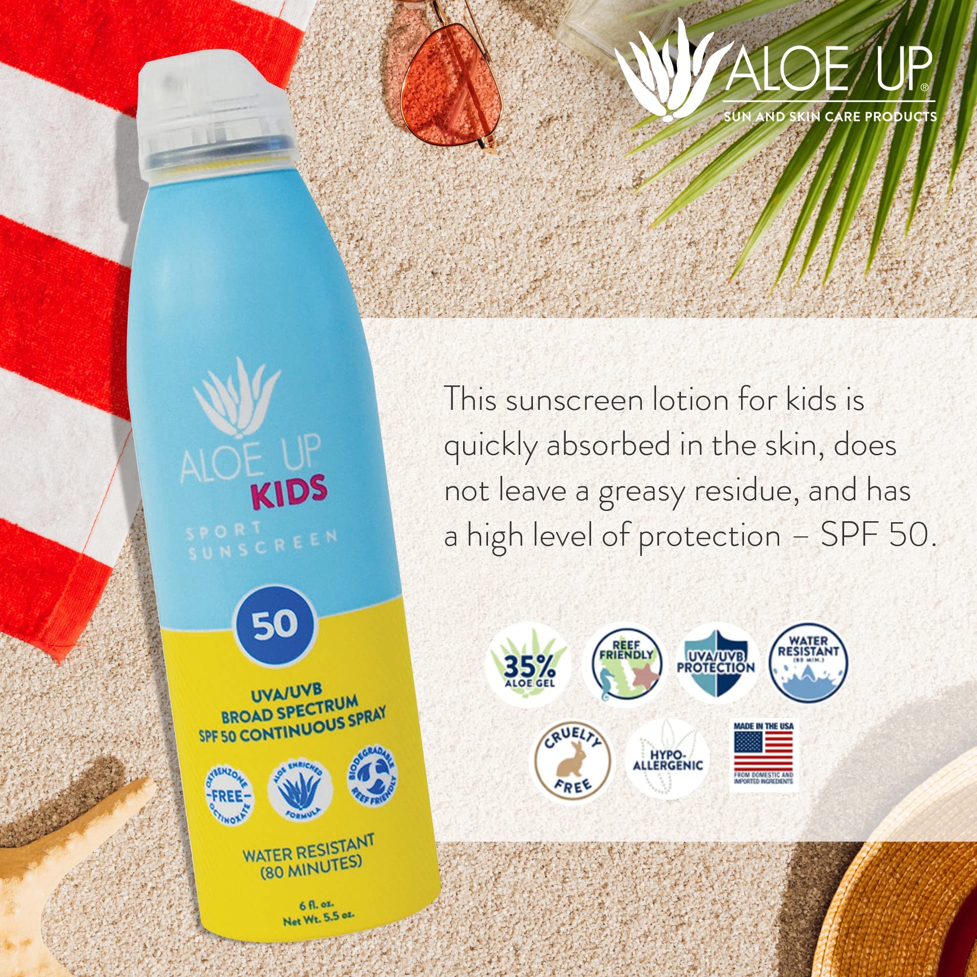 ALOE UP Kids SPF 50 Continuous Sport Sunscreen Spray – Broad Spectrum, Fragrance-Free, Reef-Safe