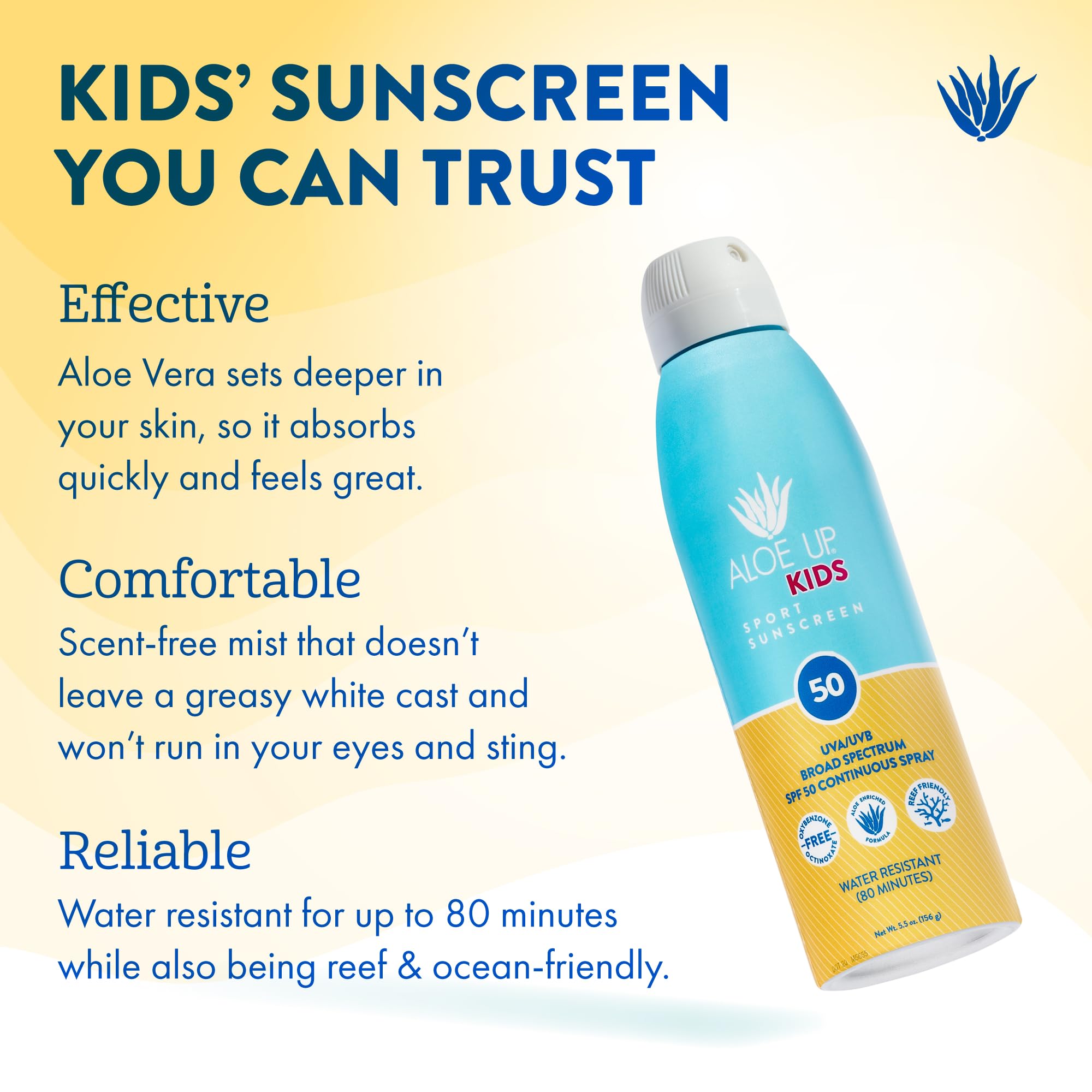 ALOE UP Kids SPF 50 Continuous Sport Sunscreen Spray – Broad Spectrum, Fragrance-Free, Reef-Safe