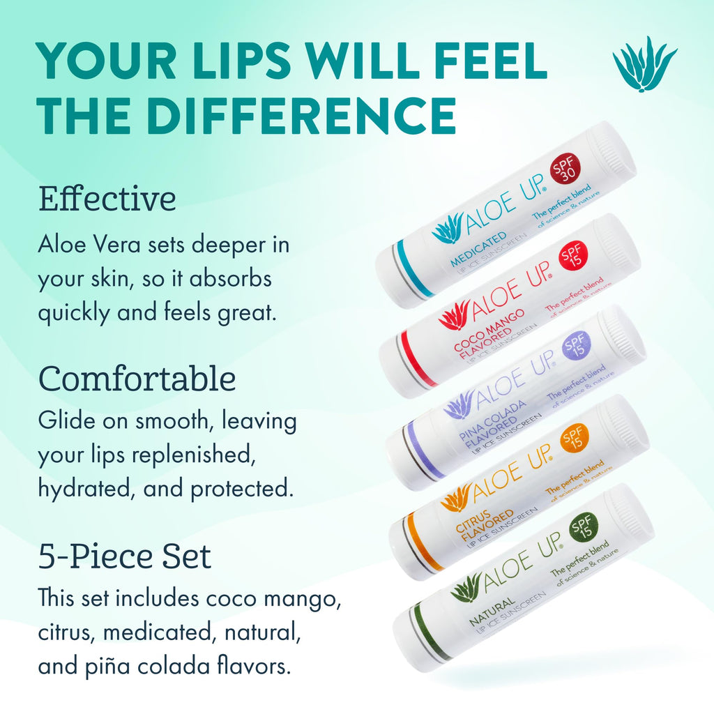 Aloe Up Lip Ice 5-Pack – SPF 15 & SPF 30 Medicated Balms | Alcohol-Free Hydration