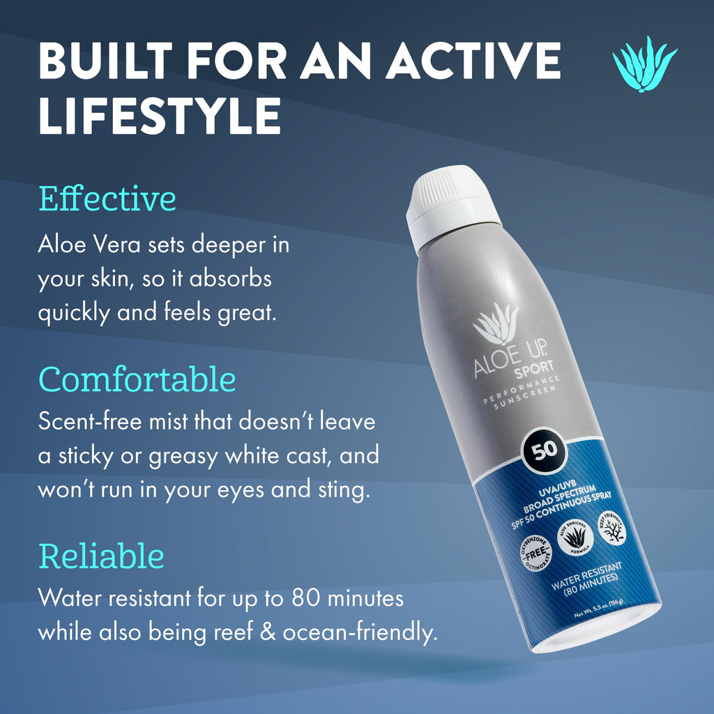 Aloe Up Sport SPF 50 Continuous Spray Sunscreen – Reef Safe, Fragrance-Free (2-Pack, 6 oz)