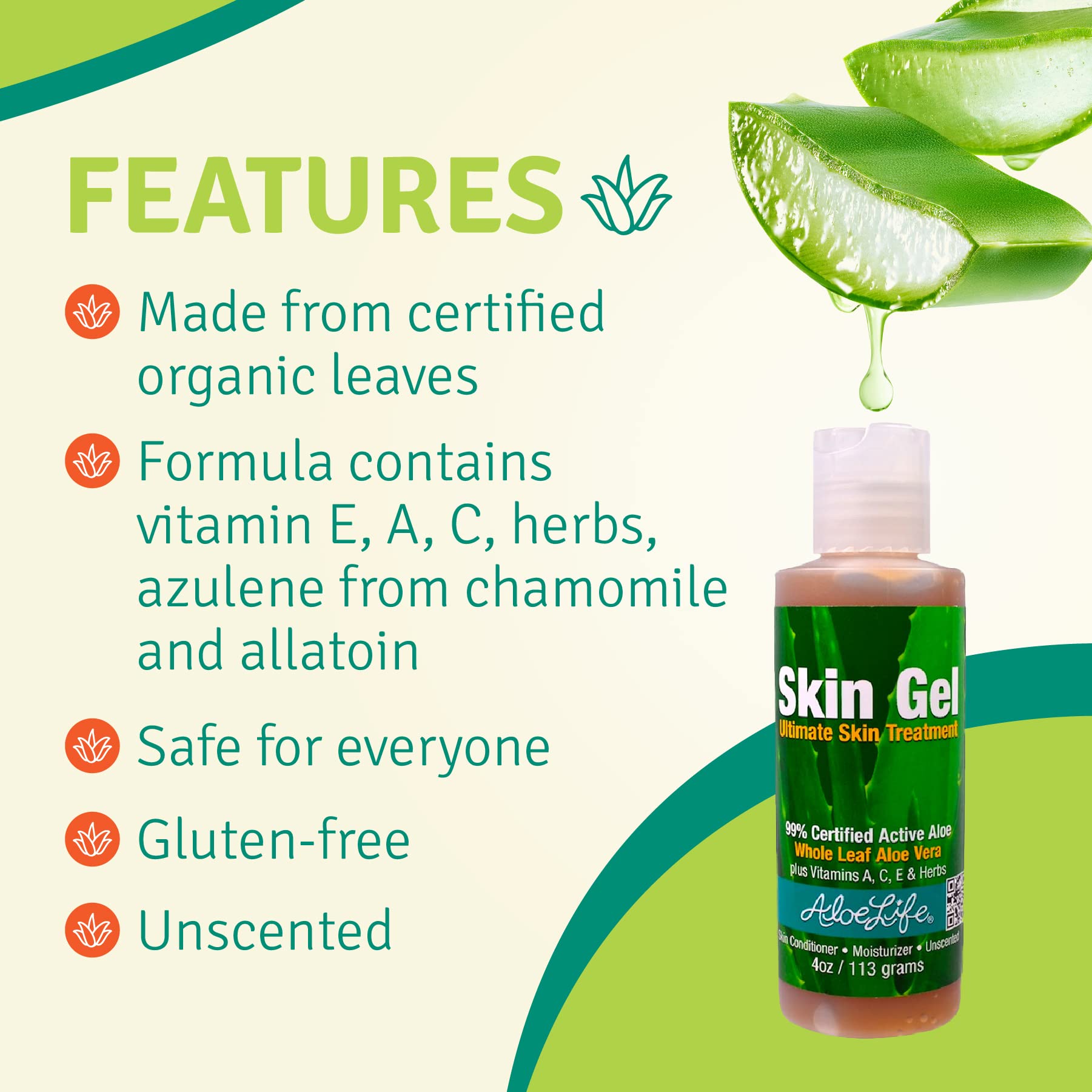 Aloe Life Skin Gel & Herbs – Organic Whole-Leaf Aloe Vera, Fragrance-Free (4 oz)