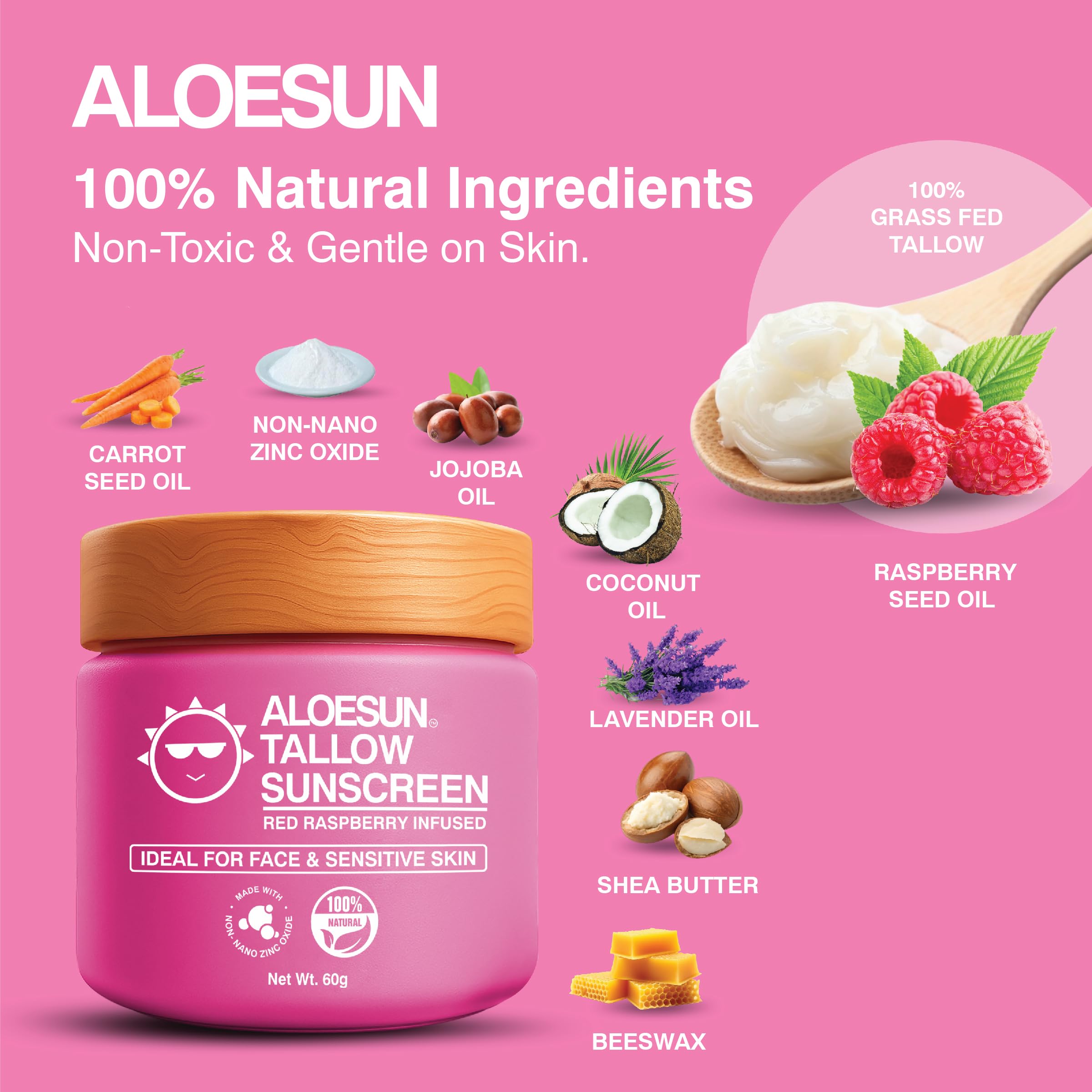 ALOESUN Organic Beef Tallow Sunscreen SPF 30 – Reef-Safe, Non-Nano Zinc Oxide, Travel Size 2.12 oz