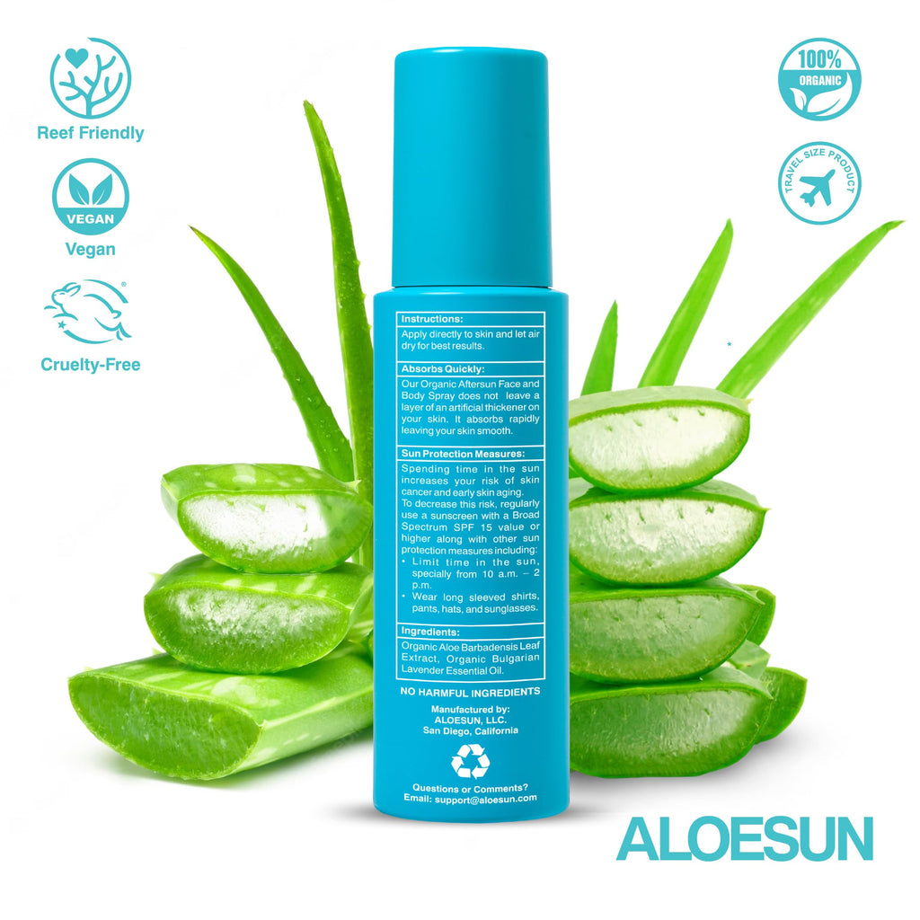 ALOESUN After Sun Face and Body Spray – Organic Aloe Vera & Lavender, Travel Size 3.4 Fl Oz