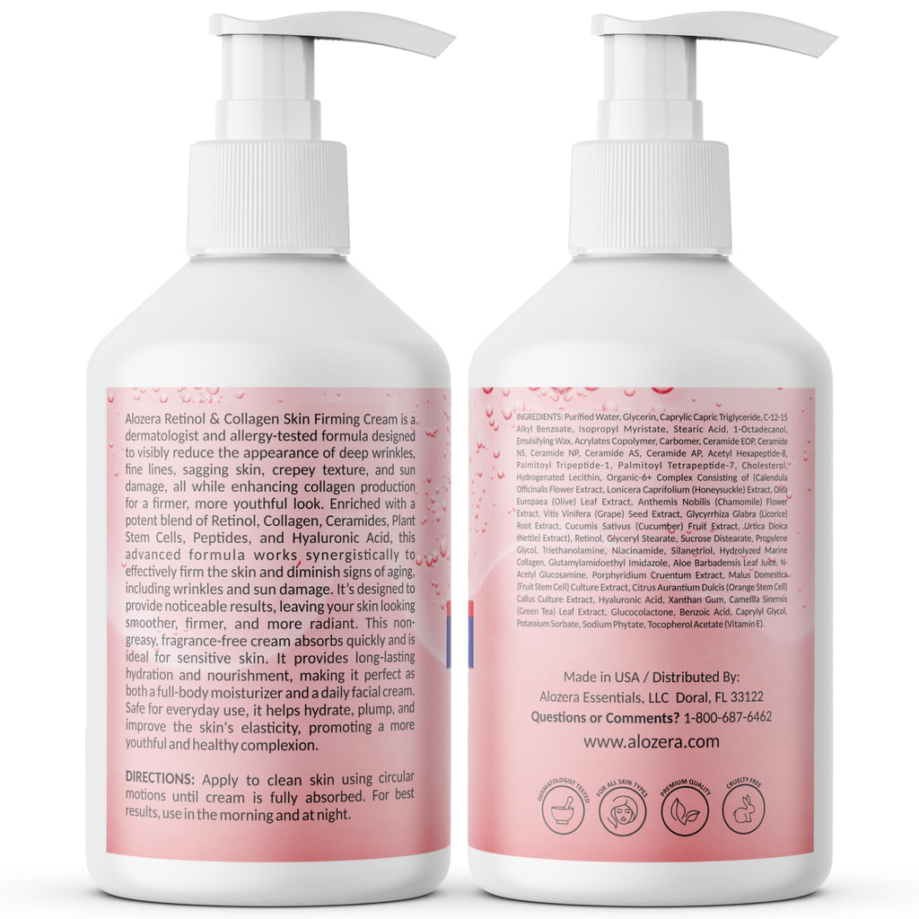 Alozera Skin Firming Retinol Collagen Body Lotion with Stem Cells – Fragrance-Free, Non-Greasy 16.9 oz