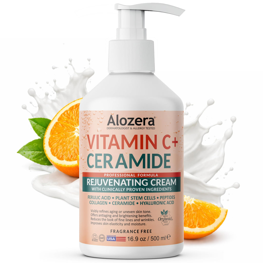 Alozera Vitamin C Body Lotion with Ceramides & Stem Cells – Brightening, Lightweight, Fragrance-Free 16.9 oz