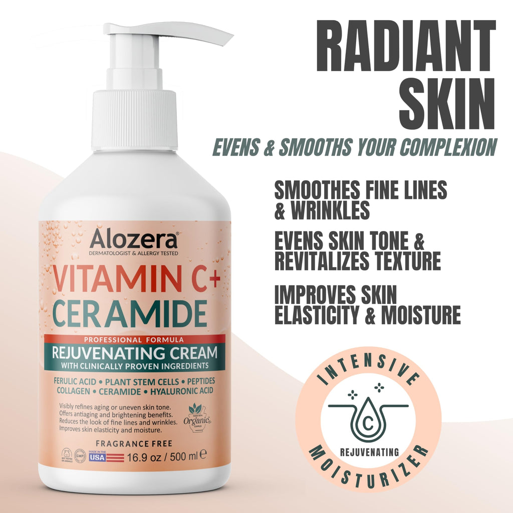 Alozera Vitamin C Body Lotion with Ceramides & Stem Cells – Brightening, Lightweight, Fragrance-Free 16.9 oz