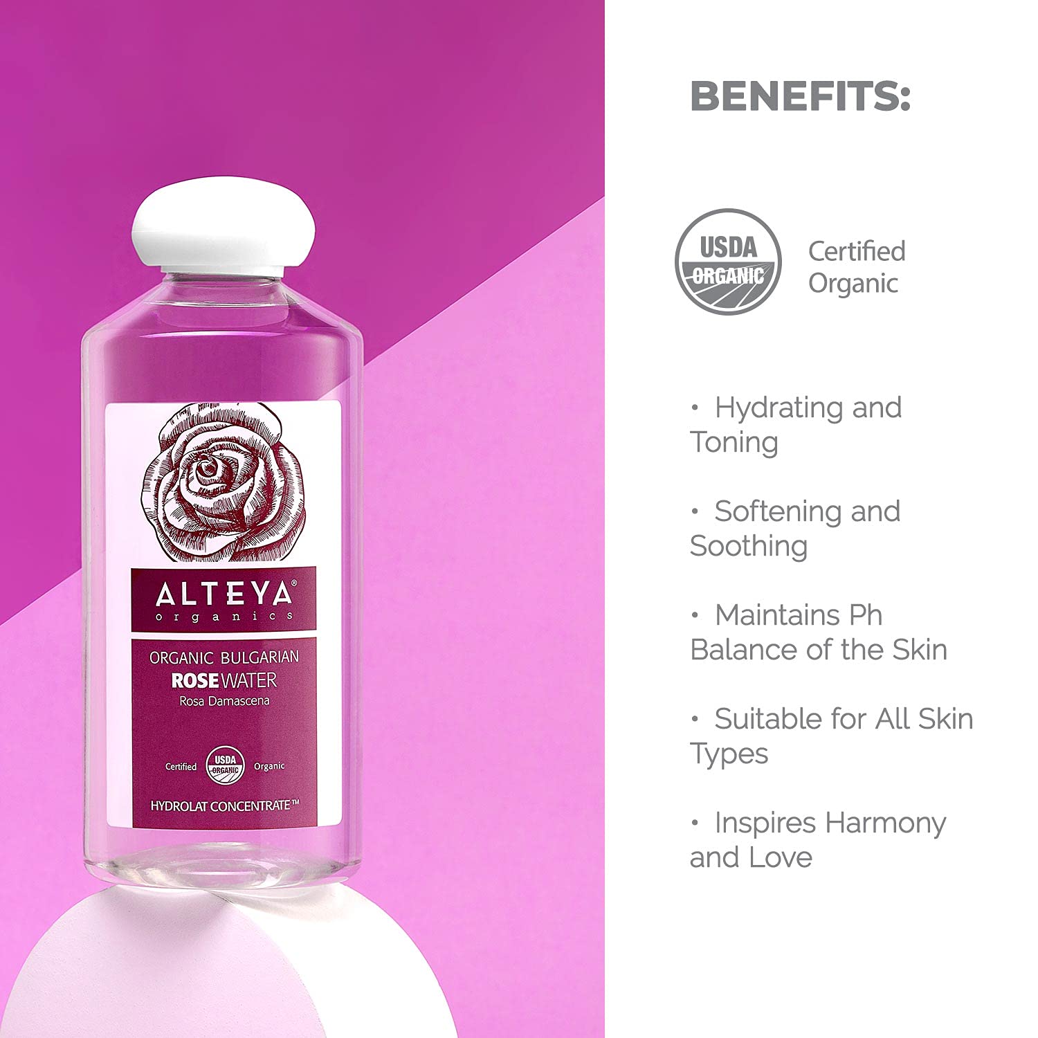 Alteya Organics Rose Water Toner 17oz | USDA Organic Bulgarian Rosa Damascena Hydrosol