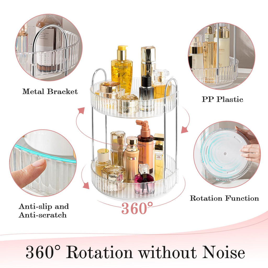 ALUYUYO Rotating Makeup Organizer — 360° Spinner, 2-Tier Transparent Vanity Storage