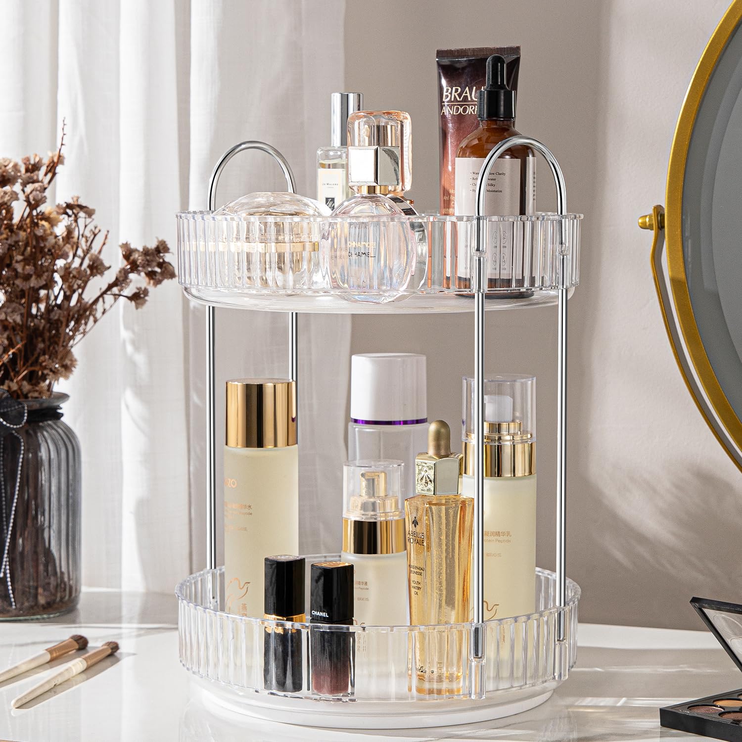 ALUYUYO Rotating Makeup Organizer — 360° Spinner, 2-Tier Transparent Vanity Storage