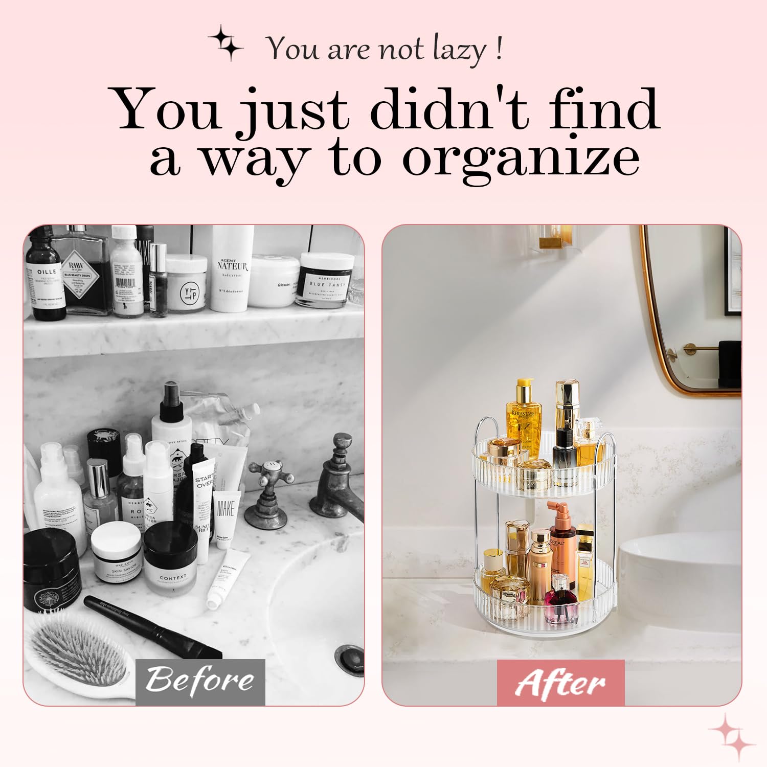ALUYUYO Rotating Makeup Organizer — 360° Spinner, 2-Tier Transparent Vanity Storage