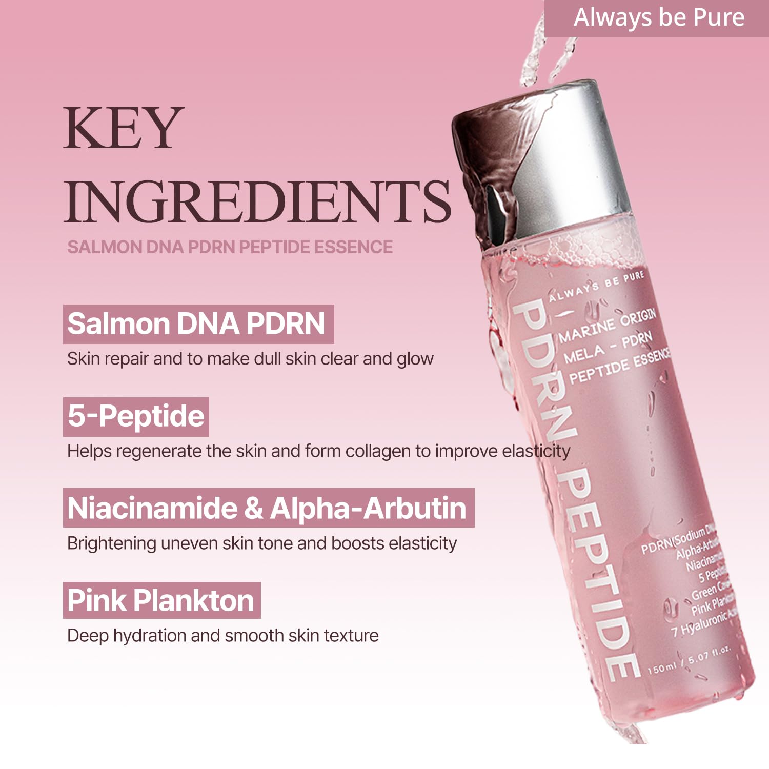 Always Be Pure Marine Origin Mela-PDRN Peptide Essence – Skin Renewal Serum with Salmon DNA & Niacinamide (150ml)