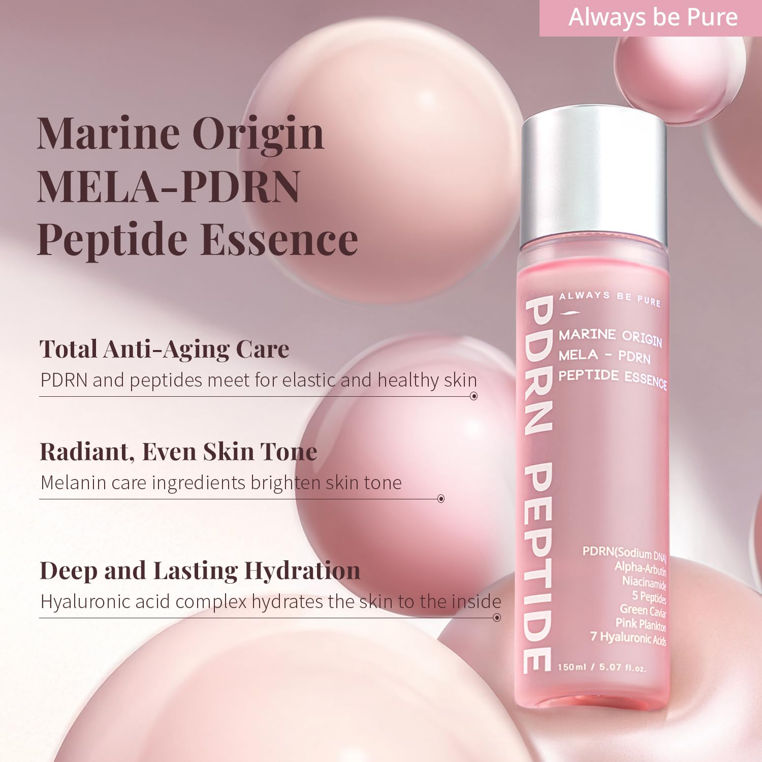 Always Be Pure Marine Origin Mela-PDRN Peptide Essence – Skin Renewal Serum with Salmon DNA & Niacinamide (150ml)