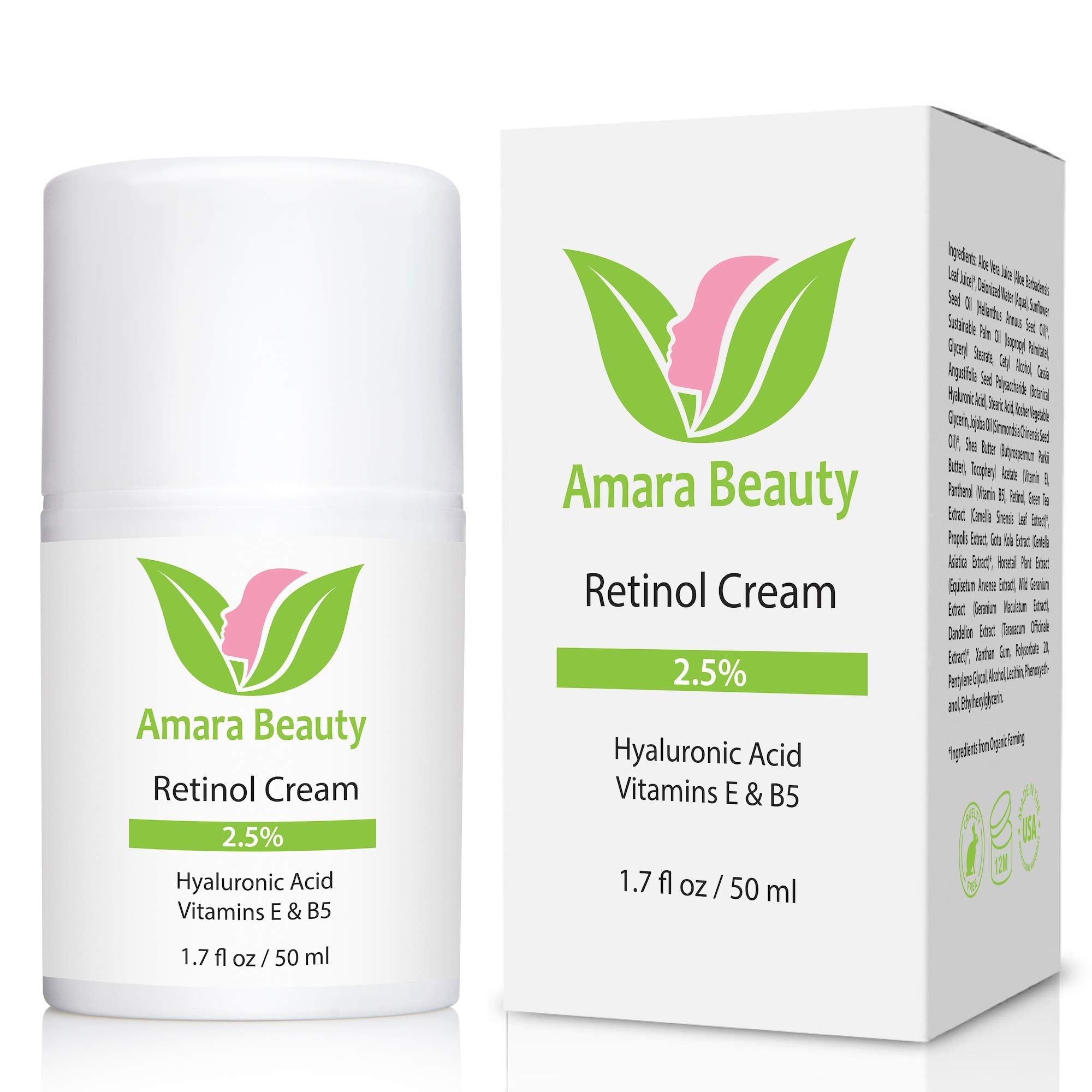 Amara Beauty Retinol Cream 2.5% with Hyaluronic Acid & Vitamins E & B5 – 1.7 oz Each (Pack of 2)