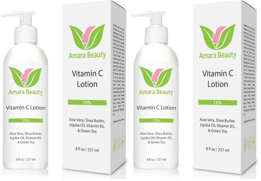 Amara Beauty Vitamin C Face & Body Lotion 15% | Shea Butter & Jojoba Oil | 8 oz (Pack of 2)