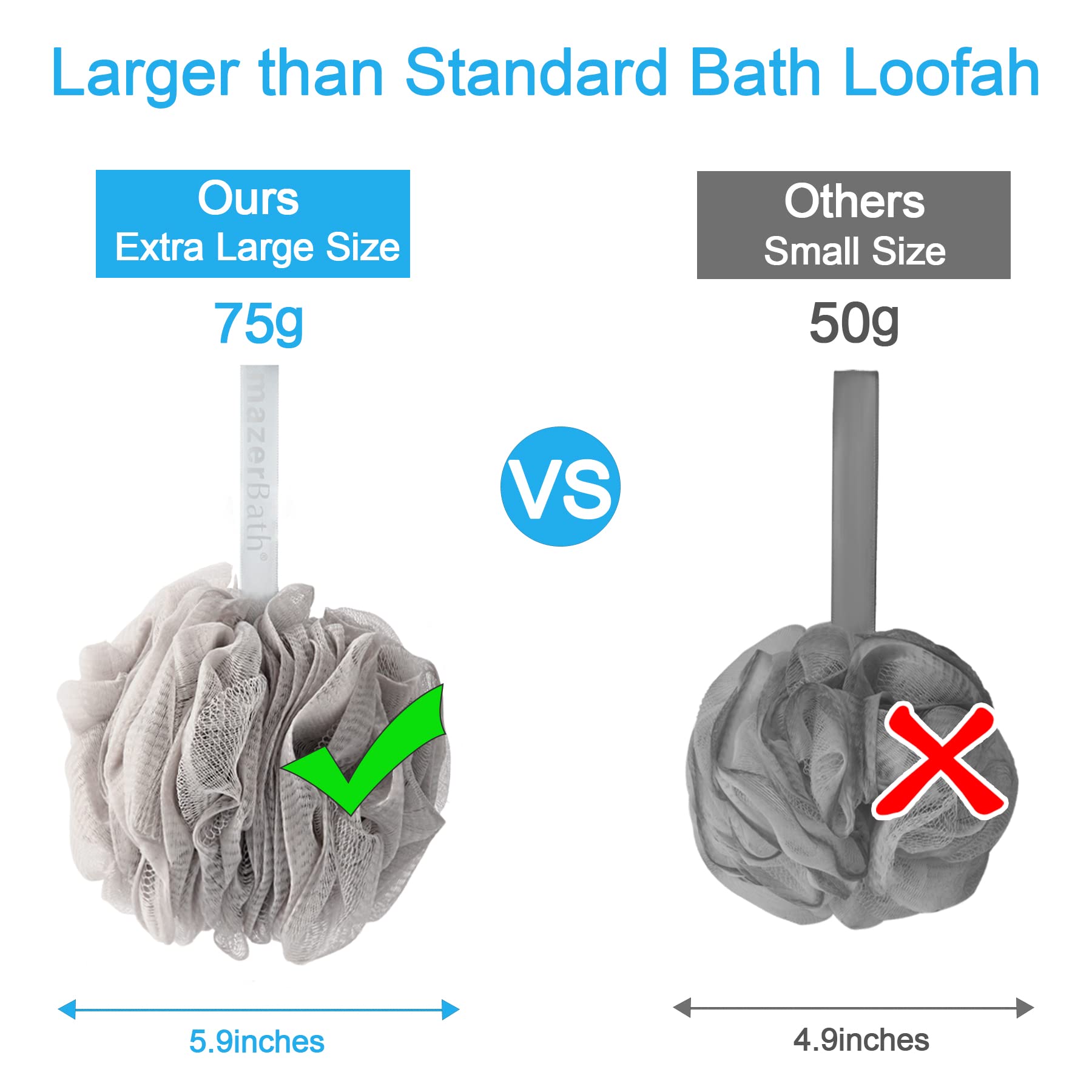 AmazerBath Loofah Sponge 75g/ea – Exfoliating Bath Scrubber, Large 5.9-inch, Set of 4 Neutral Colors