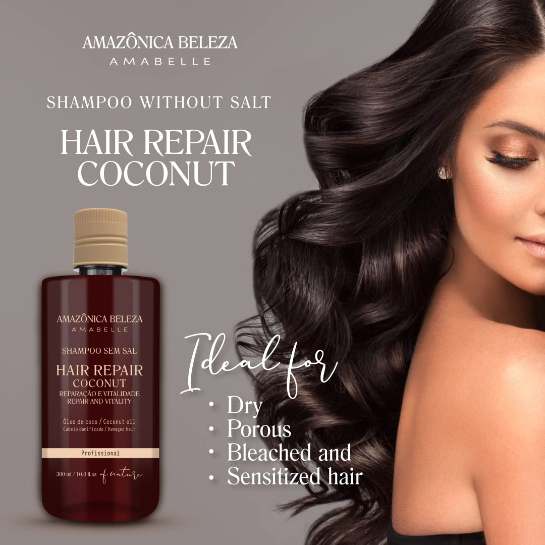 Amazonica Beleza Amabelle Coconut Shampoo & Conditioner Set – Repairs Damaged Hair, Restores Proteins, Sulfate & Paraben Free, 10 oz