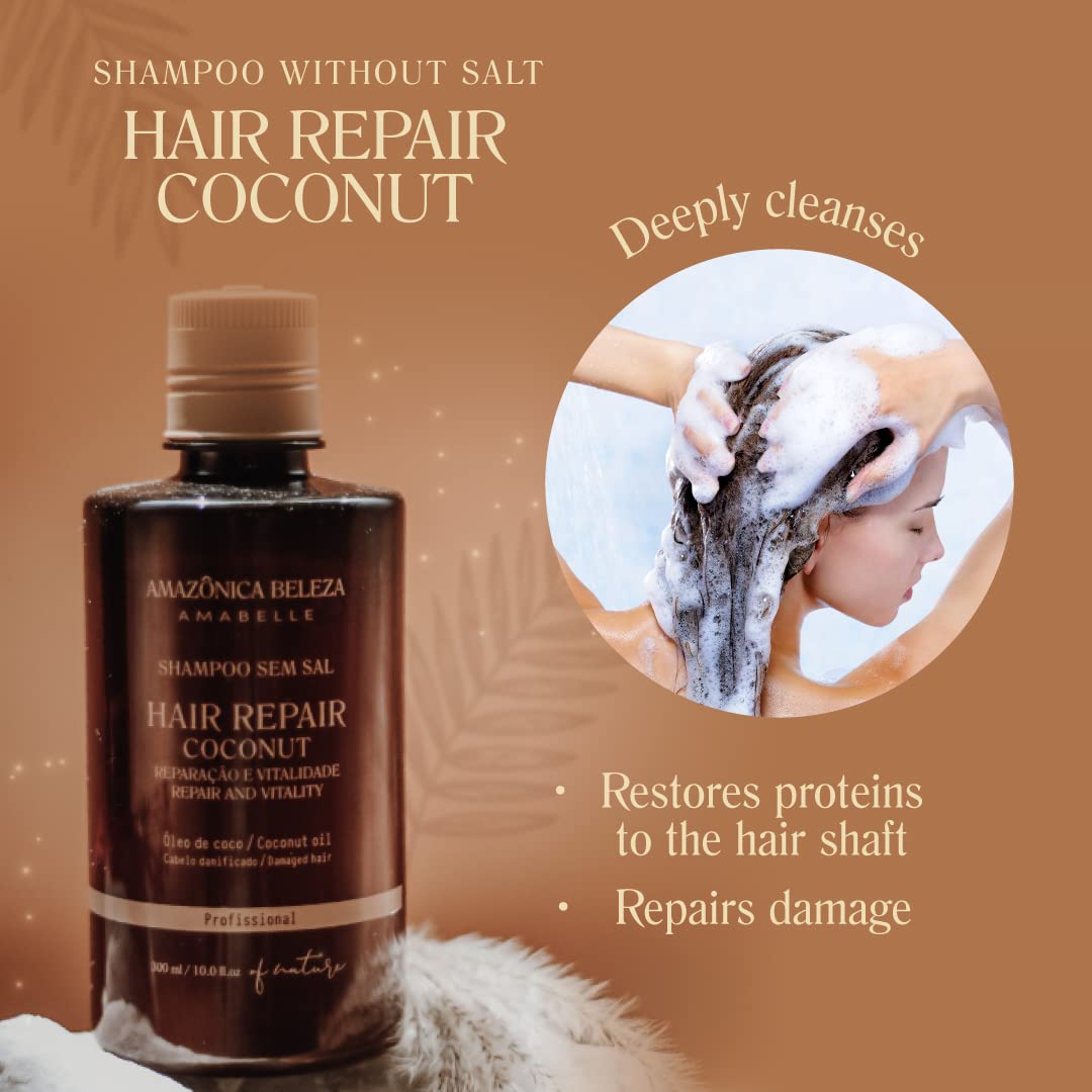 Amazonica Beleza Amabelle Coconut Shampoo & Conditioner Set – Repairs Damaged Hair, Restores Proteins, Sulfate & Paraben Free, 10 oz