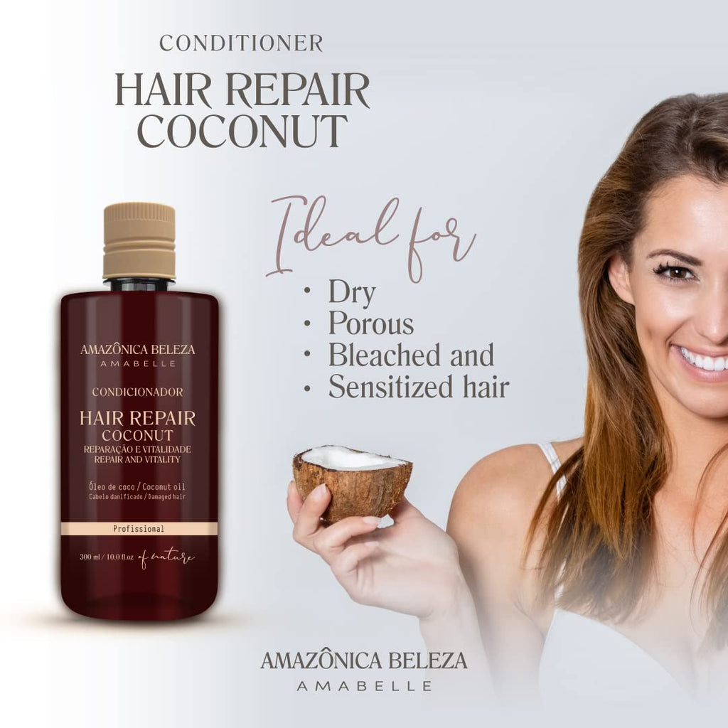 Amazonica Beleza Amabelle Coconut Shampoo & Conditioner Set – Repairs Damaged Hair, Restores Proteins, Sulfate & Paraben Free, 10 oz