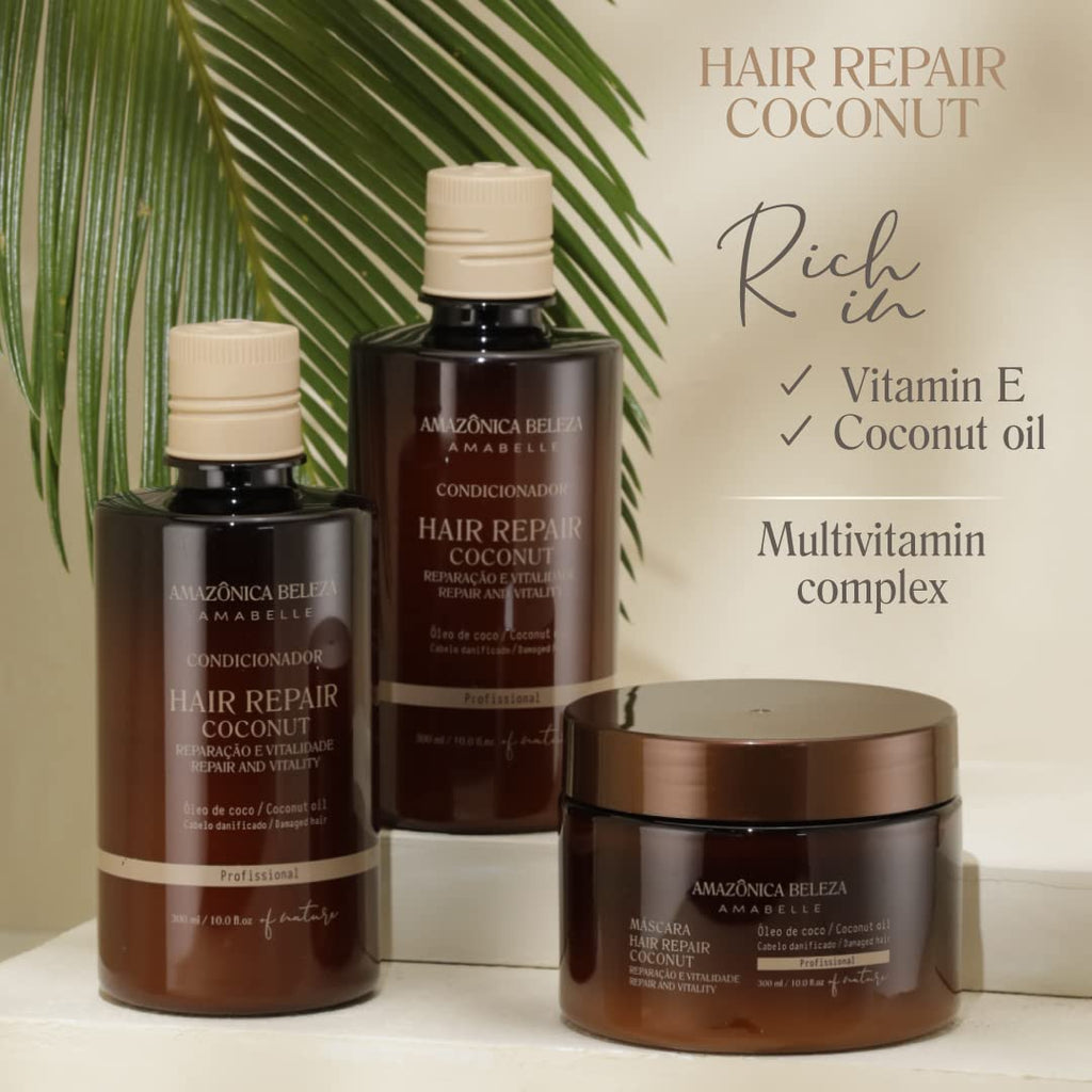 Amazonica Beleza Amabelle Coconut Shampoo & Conditioner Set – Repairs Damaged Hair, Restores Proteins, Sulfate & Paraben Free, 10 oz