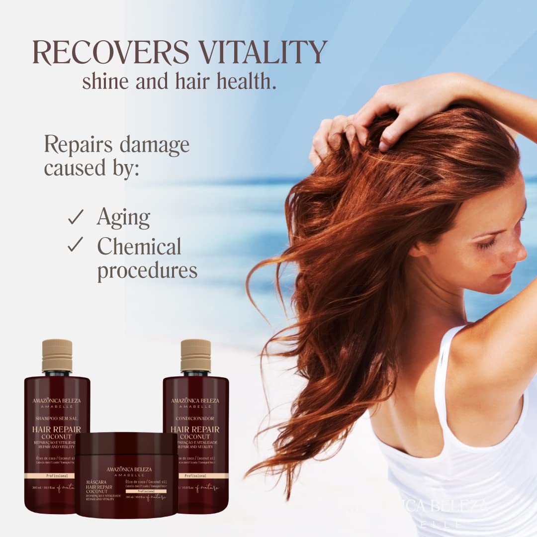 Amazonica Beleza Amabelle Coconut Shampoo & Conditioner Set – Repairs Damaged Hair, Restores Proteins, Sulfate & Paraben Free, 10 oz