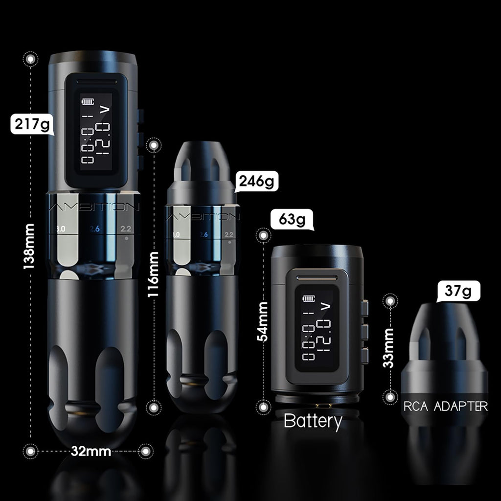 Ambition Mars-U Wireless Tattoo Kit | Adjustable Stroke 6-Position, 1800mAh Battery, 40 Cartridges