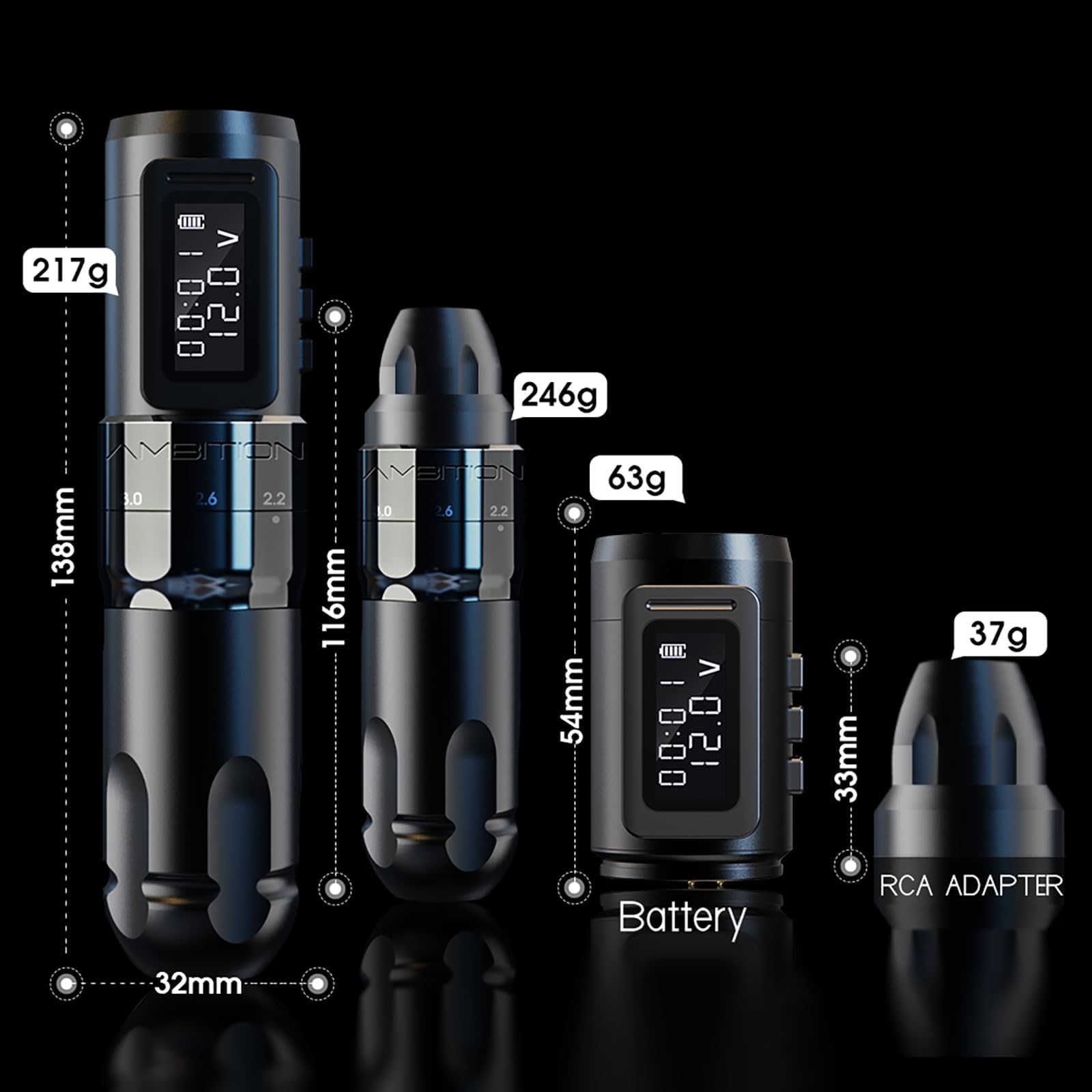Ambition Mars-U Wireless Tattoo Kit | Adjustable Stroke 6-Position, 1800mAh Battery, 40 Cartridges
