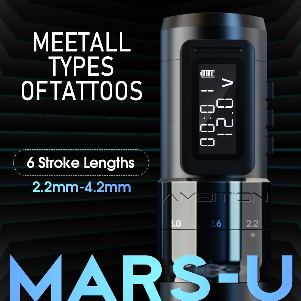 Ambition Mars-U Wireless Tattoo Kit | Adjustable Stroke 6-Position, 1800mAh Battery, 40 Cartridges