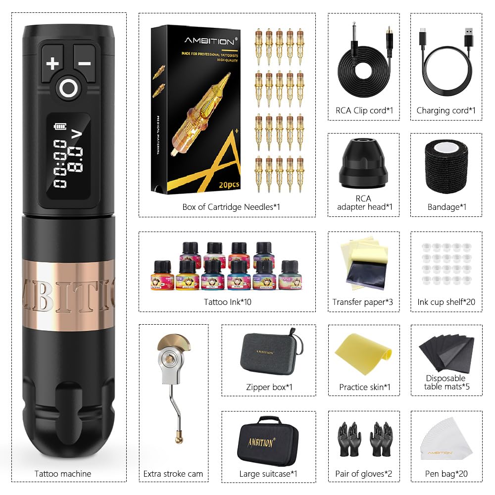 Ambition Soldier Wireless Tattoo Kit – Complete Rotary Pen, 20 Glory Cartridges, Practice Skin
