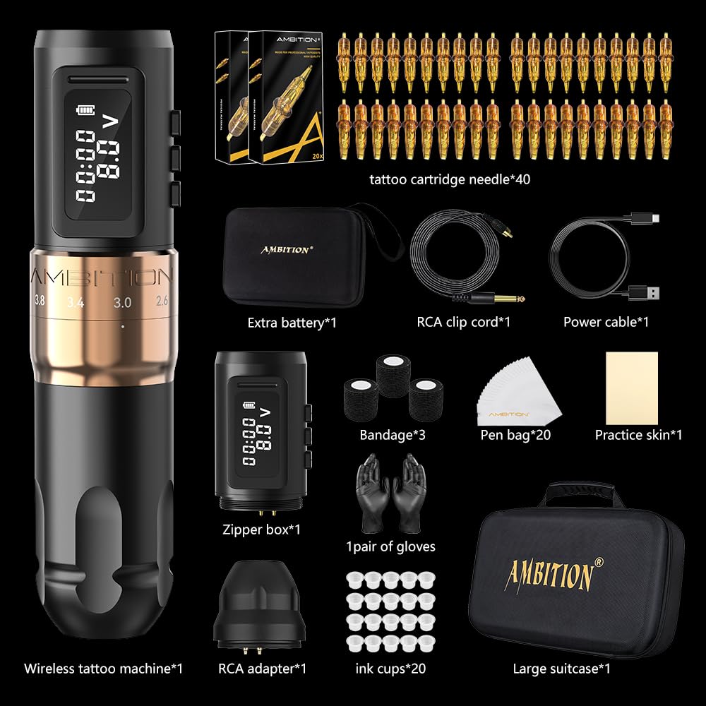 Ambition Mars-U Wireless Tattoo Kit | Adjustable Stroke 6-Position, 1800mAh Battery, 40 Cartridges