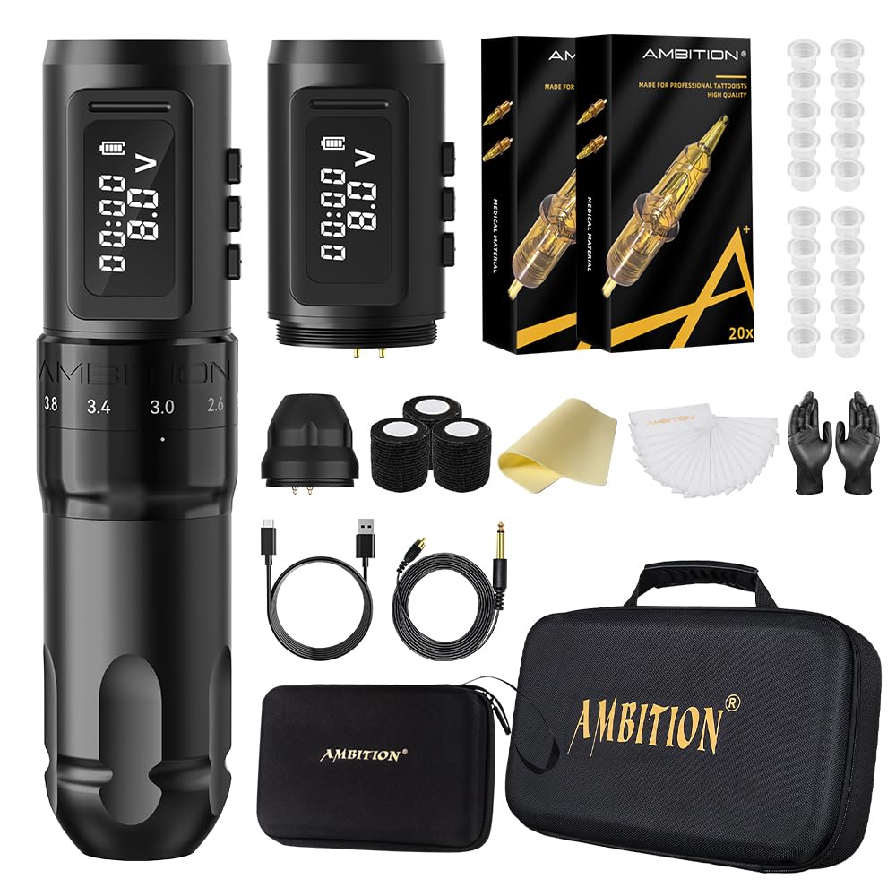 Ambition Mars-U Wireless Tattoo Machine Kit — Adjustable Stroke, 1800mAh Battery, 40 Cartridges