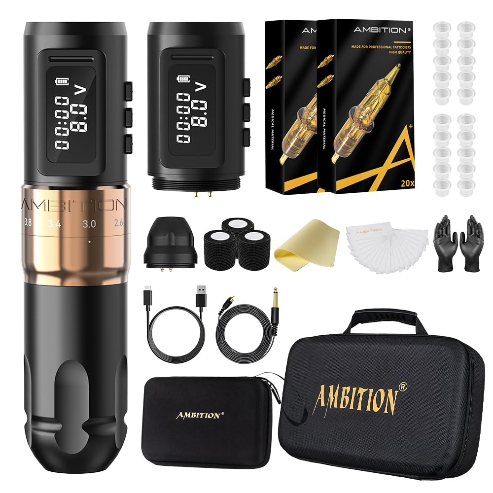 Ambition Mars-U Wireless Tattoo Kit | Adjustable Stroke 6-Position, 1800mAh Battery, 40 Cartridges
