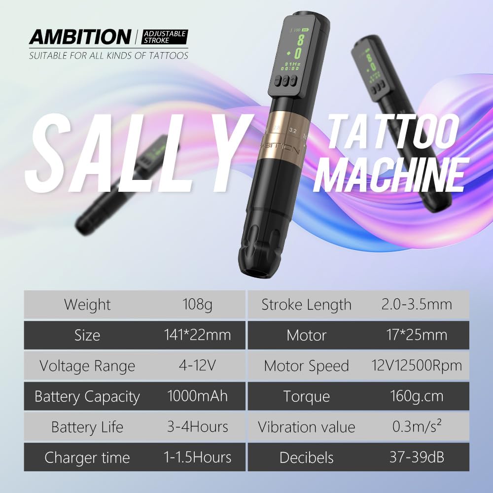 Ambition Sally Wireless Permanent Makeup Machine – 5 Stroke Lengths (2.0–3.5mm) & 1000mAh Battery