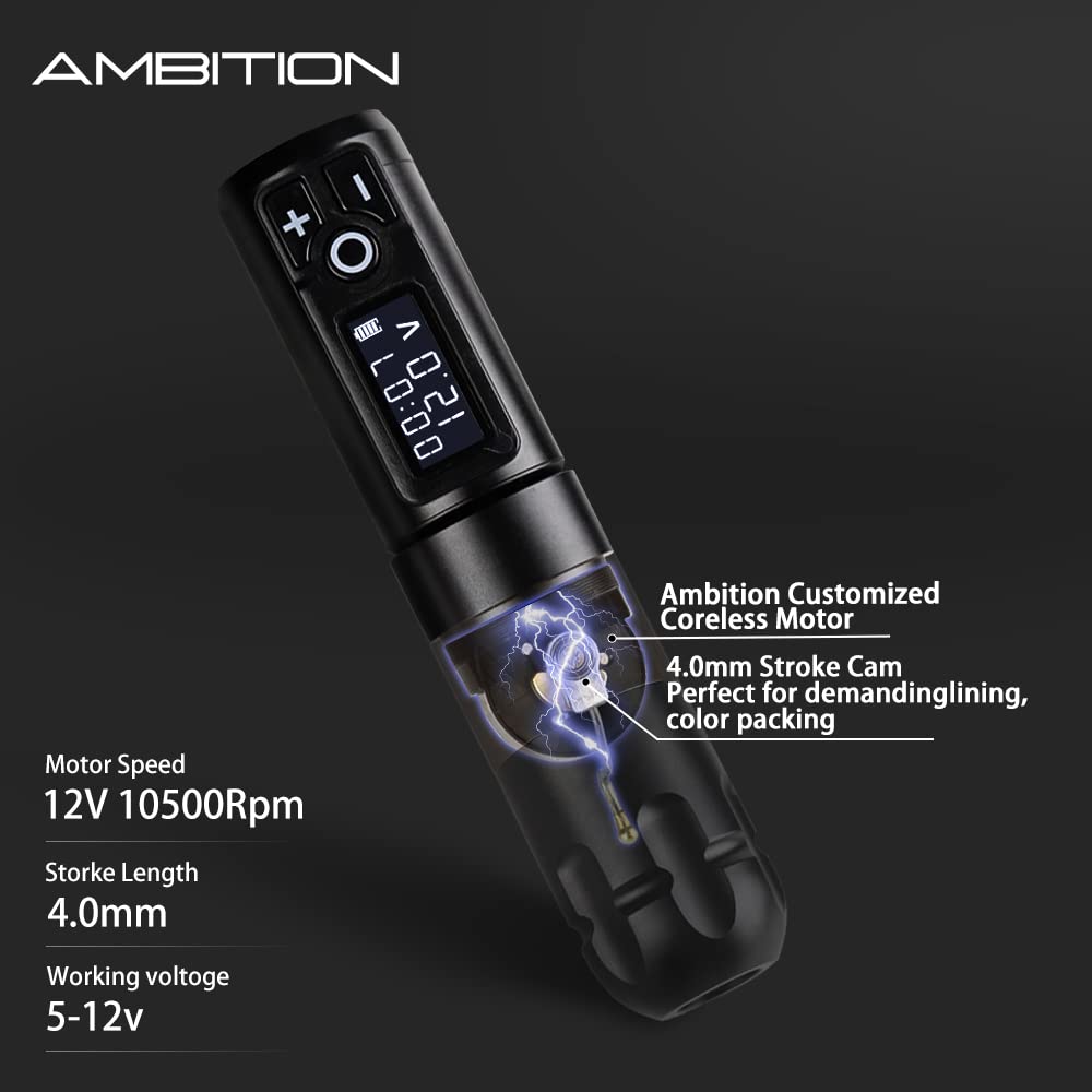 Ambition Soldier Rotary Battery Pen Tattoo Machine – 2400mAh Wireless Power, Japan Coreless Motor, LED Display