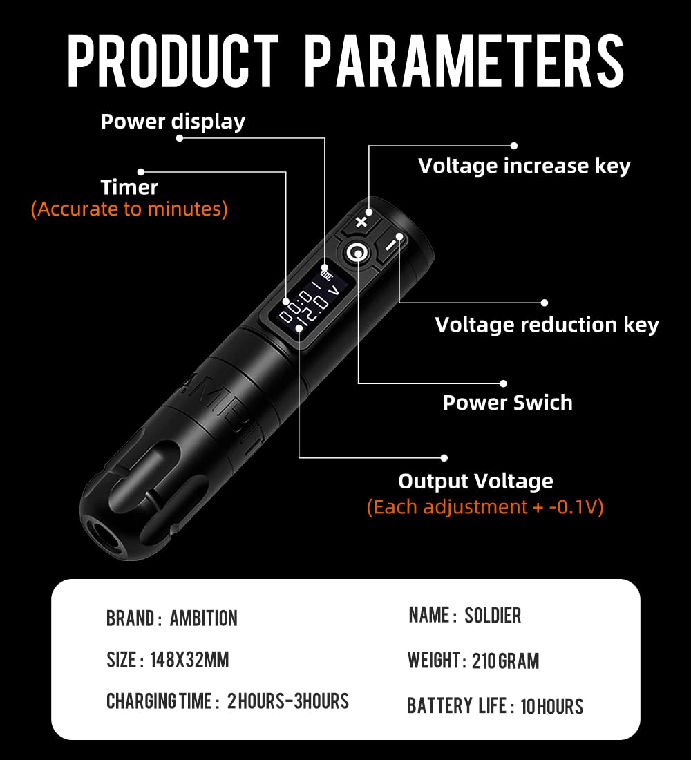 Ambition Soldier Rotary Battery Pen Tattoo Machine – 2400mAh Wireless Power, Japan Coreless Motor, LED Display
