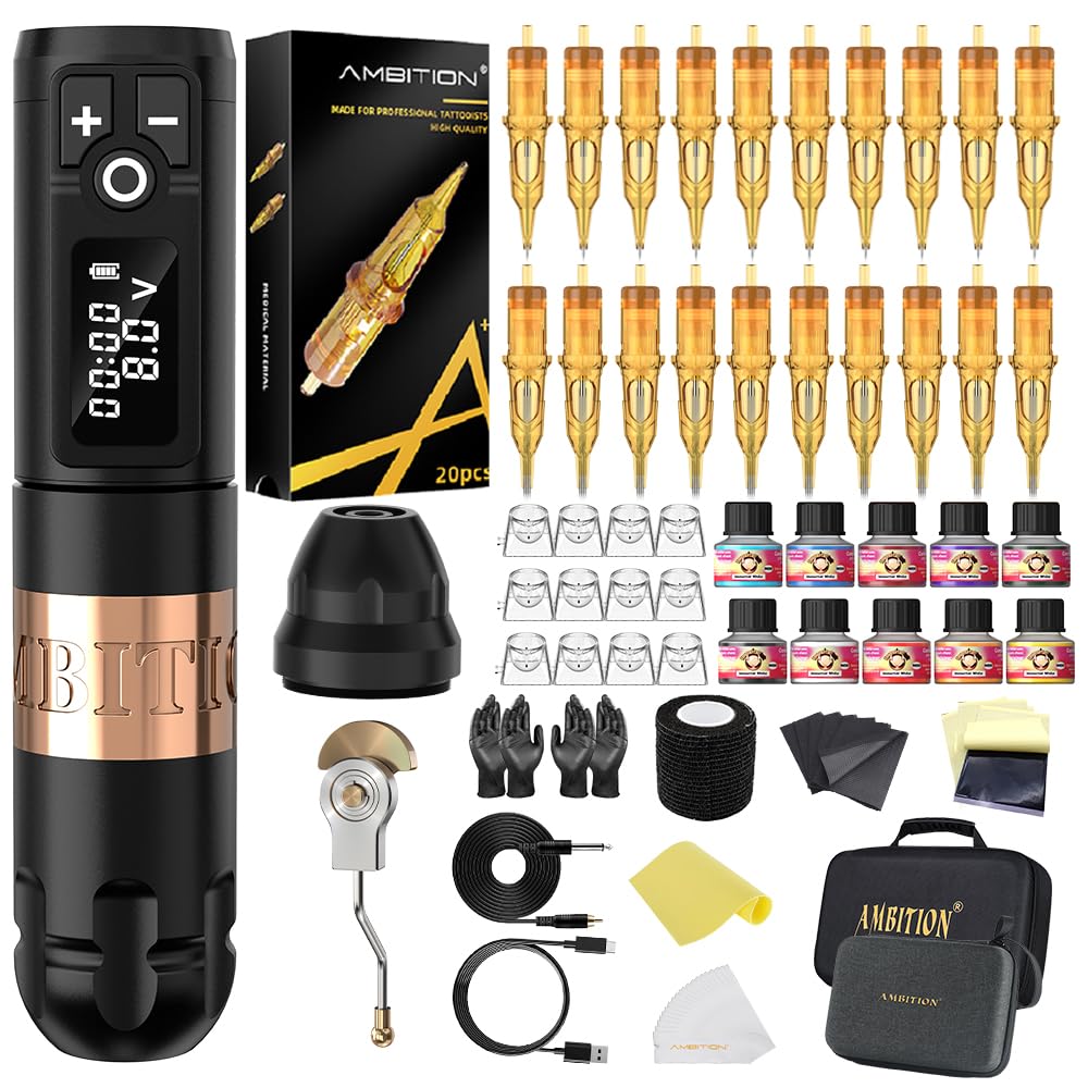 Ambition Soldier Wireless Tattoo Kit – Complete Rotary Pen, 20 Glory Cartridges, Practice Skin
