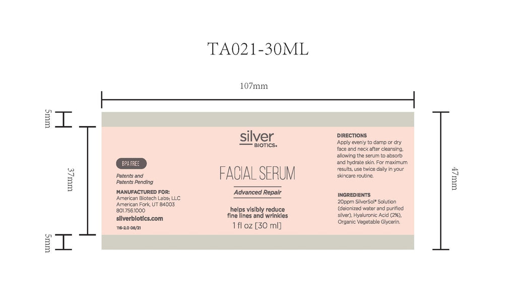 American Biotech Labs Silver Biotics Facial Serum Gel | 20 PPM SilverSol + 2% Hyaluronic Acid | 1 fl oz