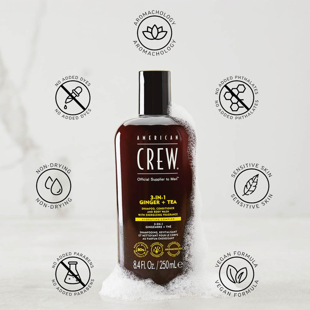 AMERICAN CREW 3-in-1 Ginger & Tea Shampoo, Conditioner & Body Wash for Men – 33.8 oz