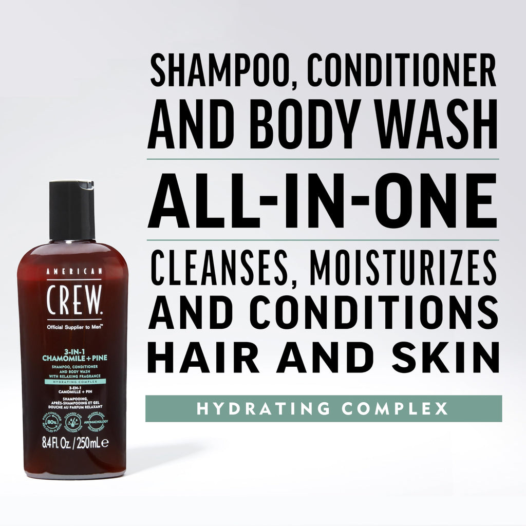AMERICAN CREW 3-in-1 Chamomile & Pine: Shampoo, Conditioner & Body Wash for Men – Calming Fragrance, 33.8 fl oz