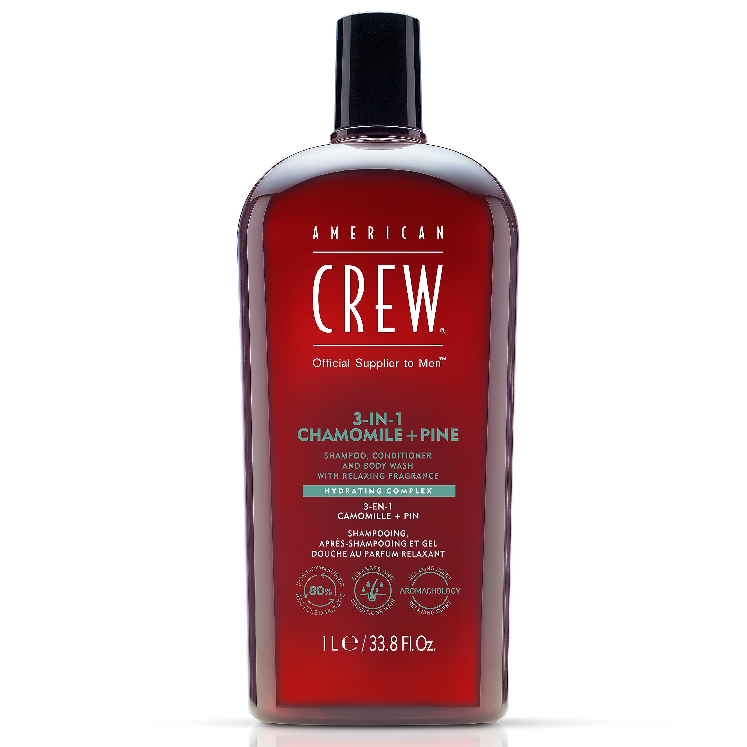 AMERICAN CREW 3-in-1 Chamomile & Pine: Shampoo, Conditioner & Body Wash for Men – Calming Fragrance, 33.8 fl oz