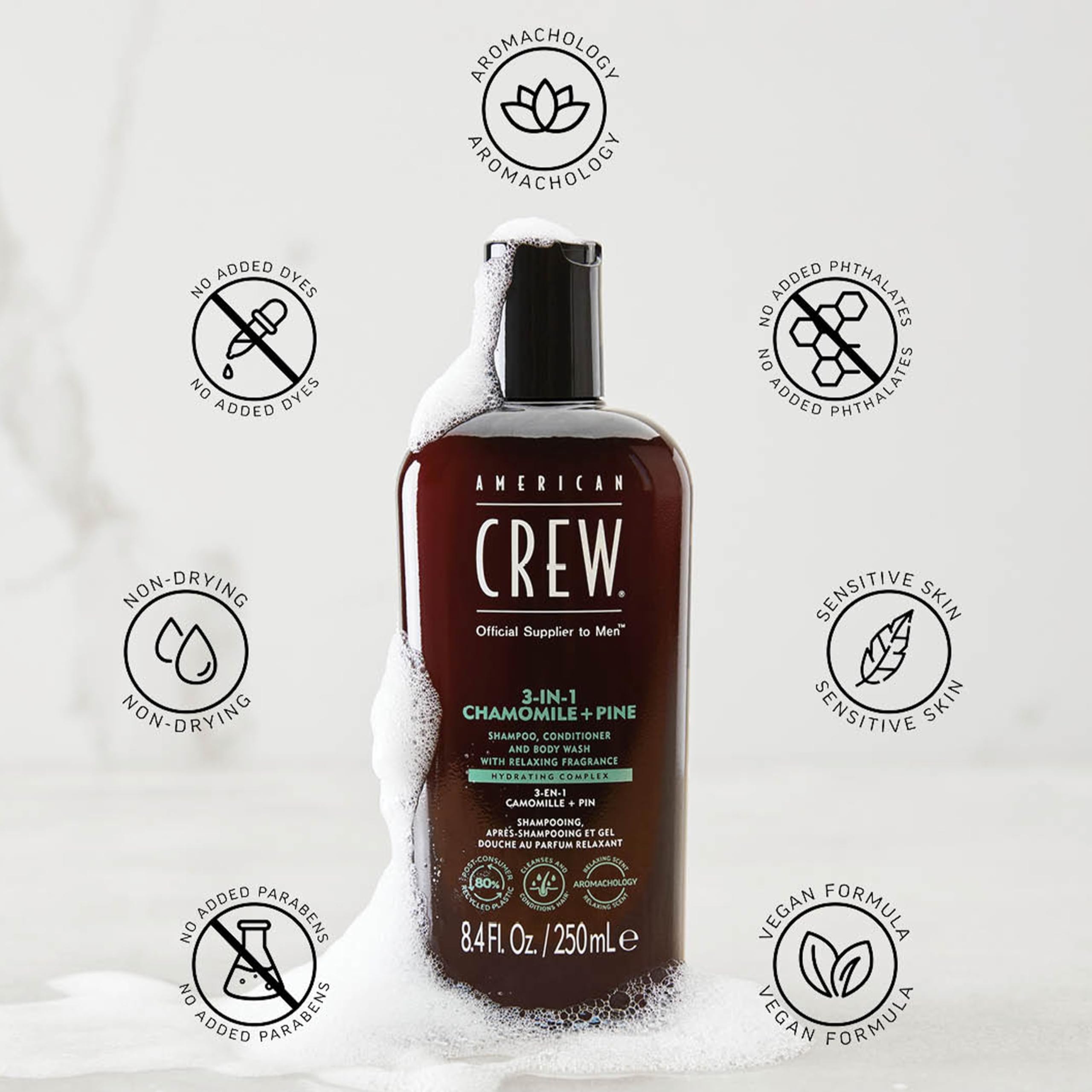 AMERICAN CREW 3-in-1 Chamomile & Pine: Shampoo, Conditioner & Body Wash for Men – Calming Fragrance, 33.8 fl oz