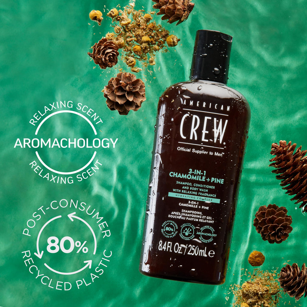 AMERICAN CREW 3-in-1 Chamomile & Pine: Shampoo, Conditioner & Body Wash for Men – Calming Fragrance, 33.8 fl oz