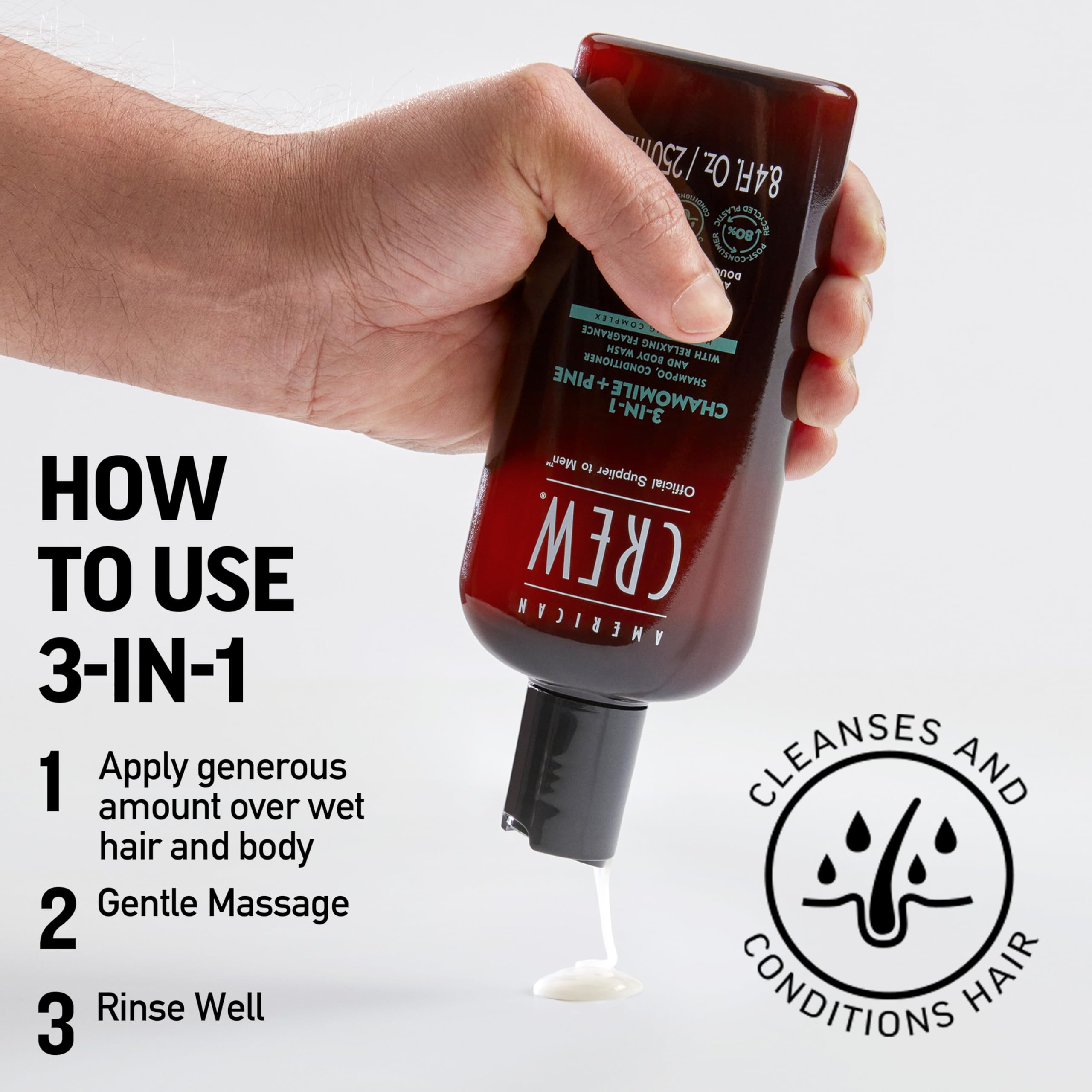 AMERICAN CREW 3-in-1 Chamomile & Pine: Shampoo, Conditioner & Body Wash for Men – Calming Fragrance, 33.8 fl oz