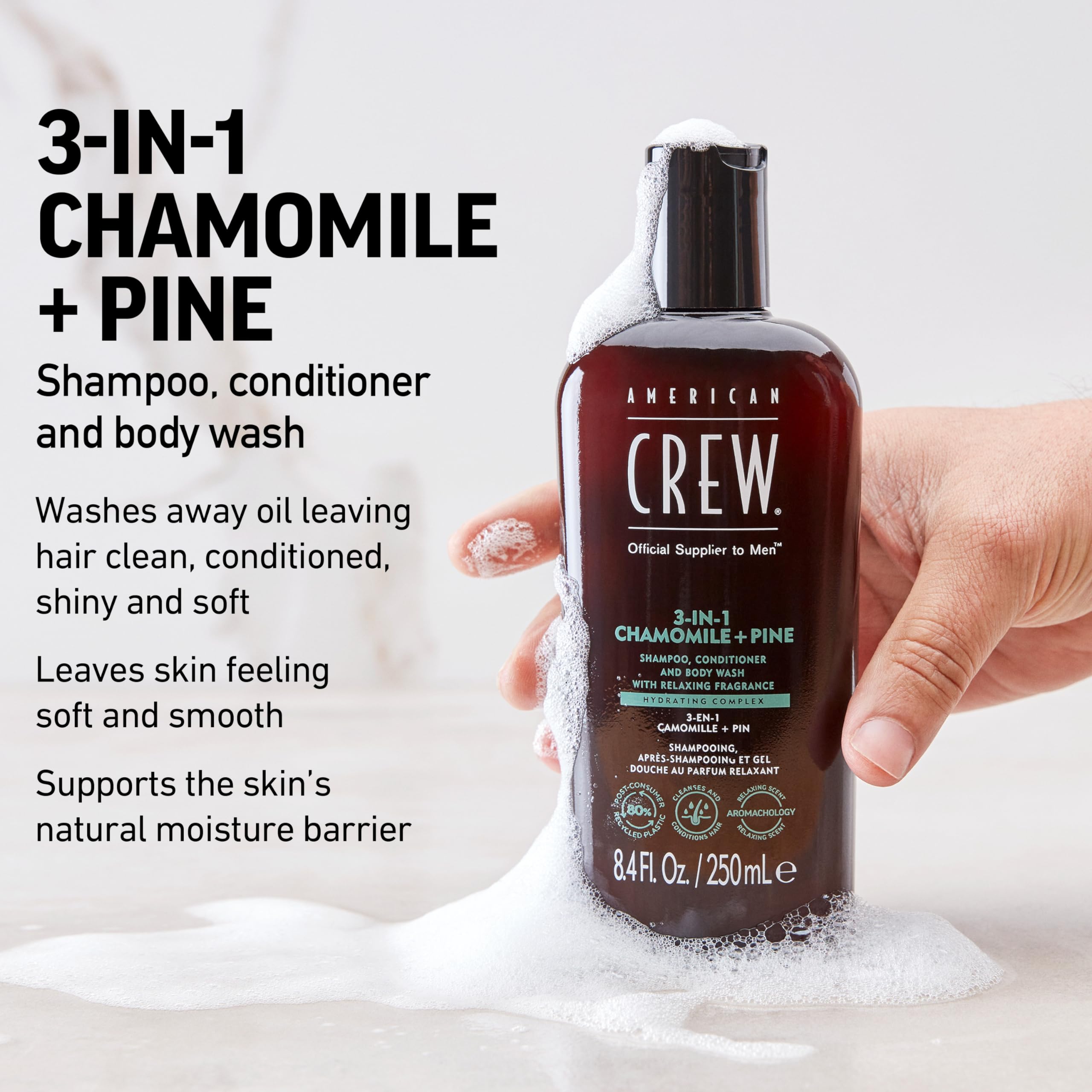 AMERICAN CREW 3-in-1 Chamomile & Pine: Shampoo, Conditioner & Body Wash for Men – Calming Fragrance, 33.8 fl oz