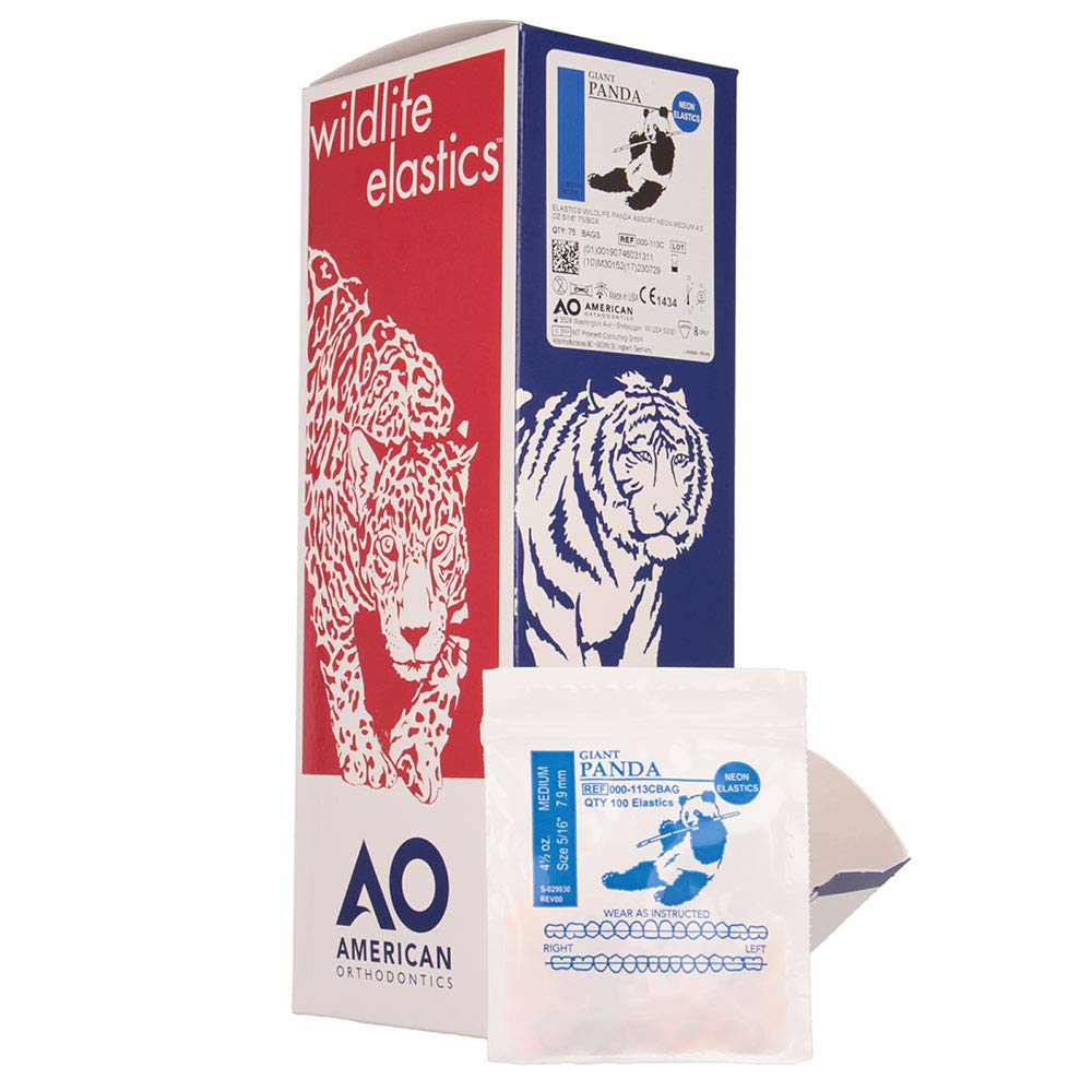 American Orthodontics Elastics Wildlife Panda – Neon Assorted Medium 5/16 inch, 75 Packs/Box, 7,500 Total, USA Made
