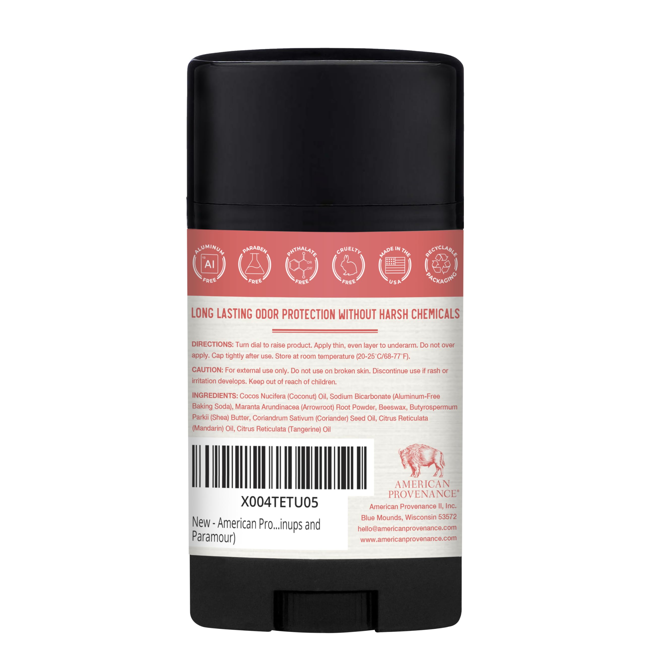 American Provenance Aluminum Free Natural Deodorant – Coriander & Tangerine – 24 Hour Odor Protection – Made in USA