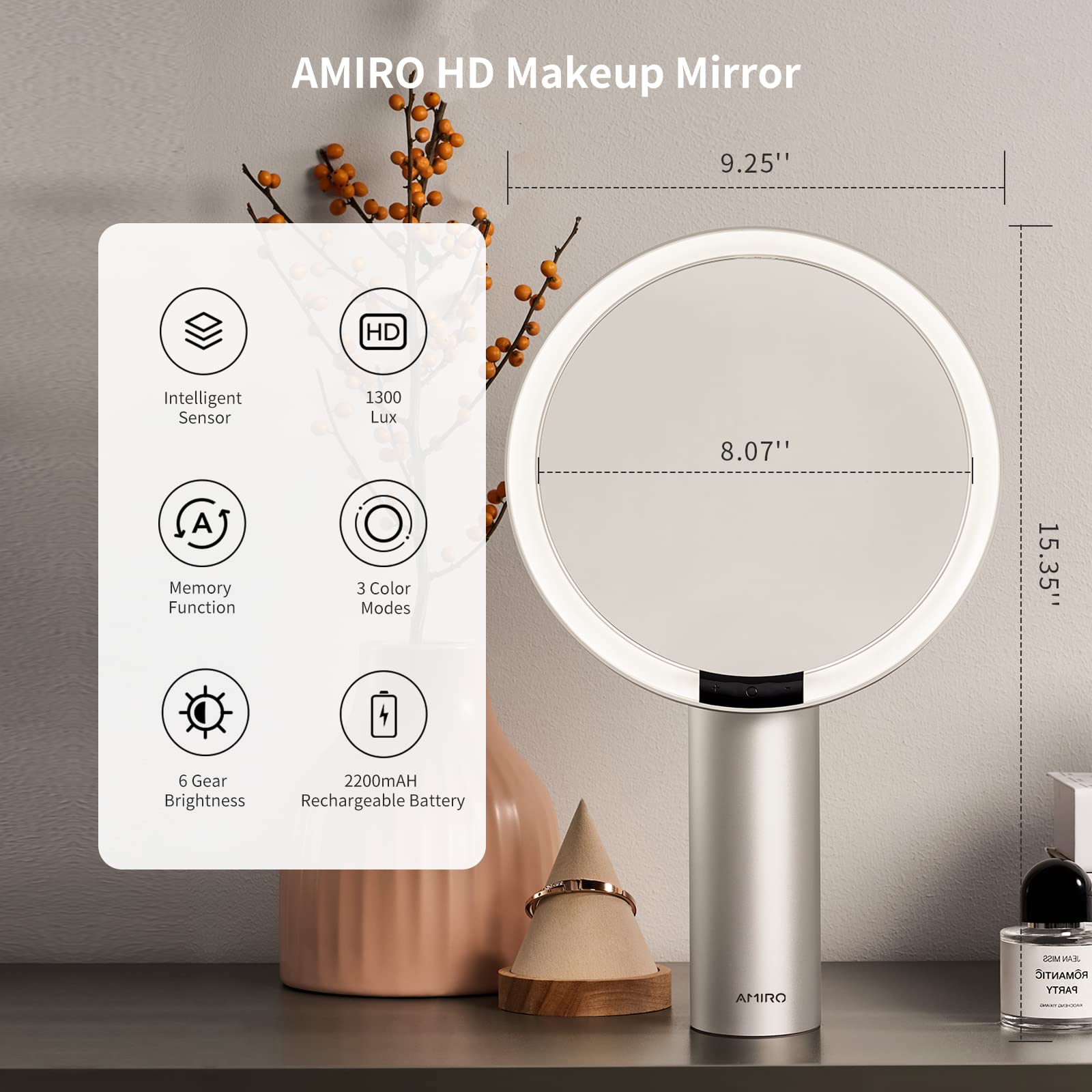 AMIRO 9-Inch Lighted Makeup Mirror with Smart Sensor and Touch Control