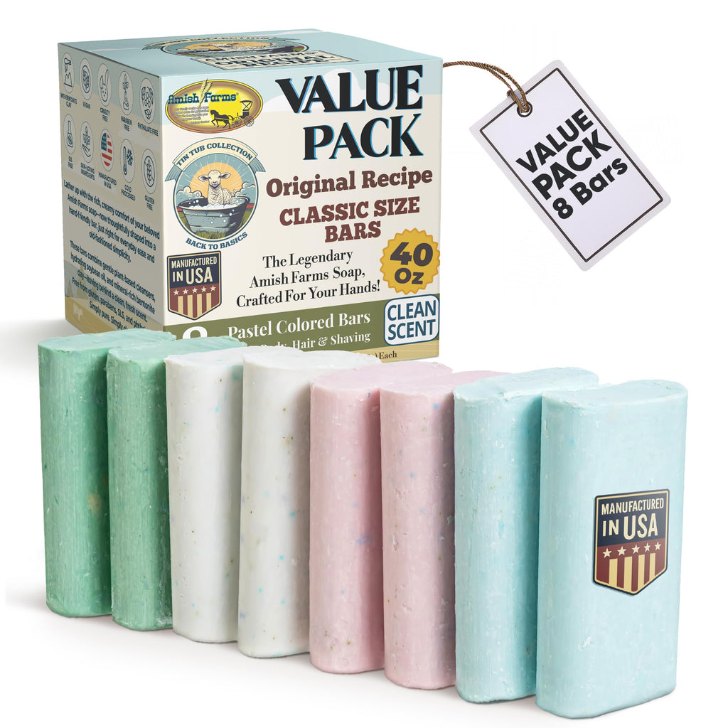 Amish Farms Soap Value Pack — 8 Easy-To-Grip Hydrating Bars | Cold-Process, USA Made for Sensitive Skin